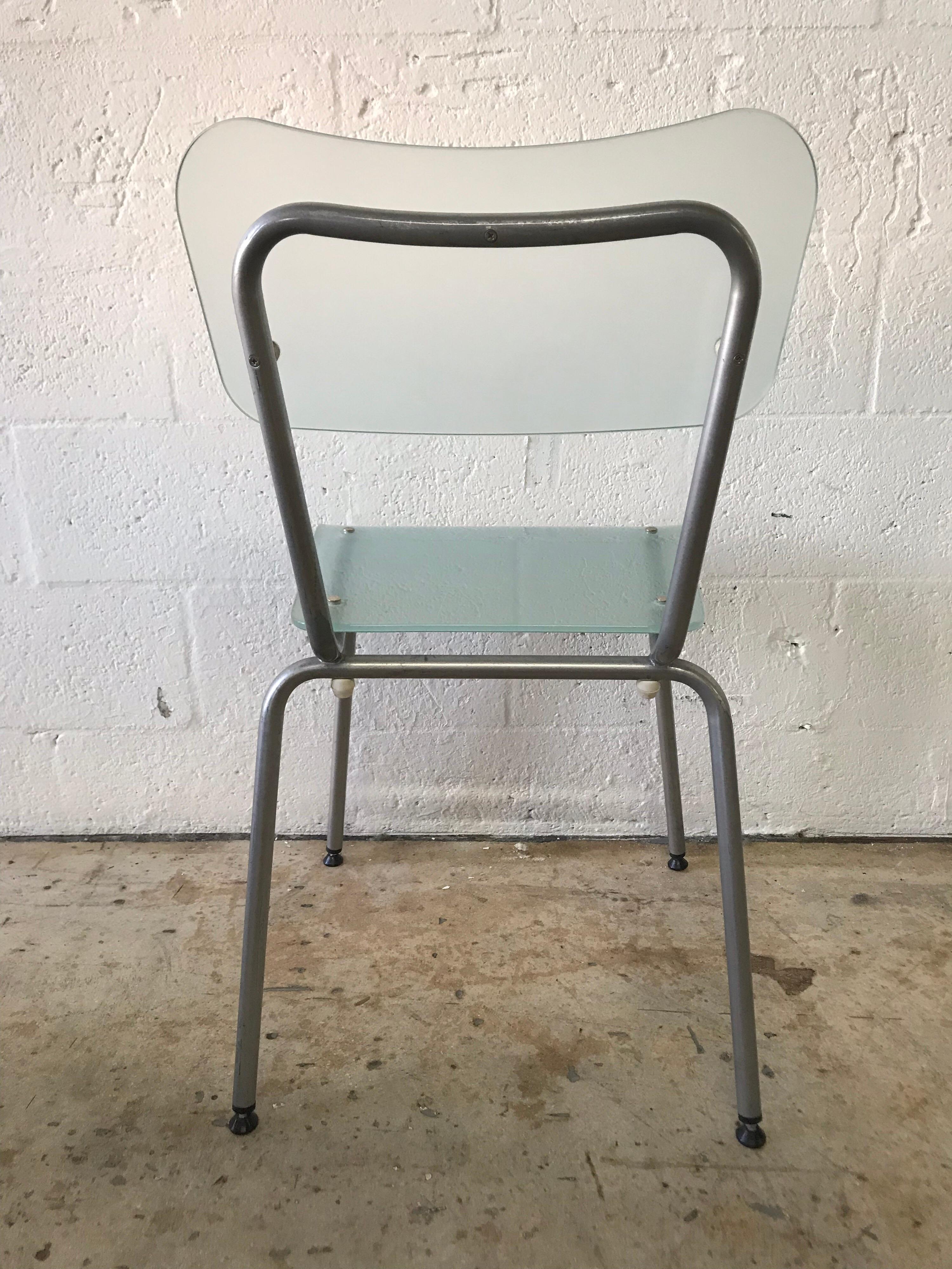 Frosted Set of Six Postmodern Glass and Steel Schoolhouse Dining Chairs