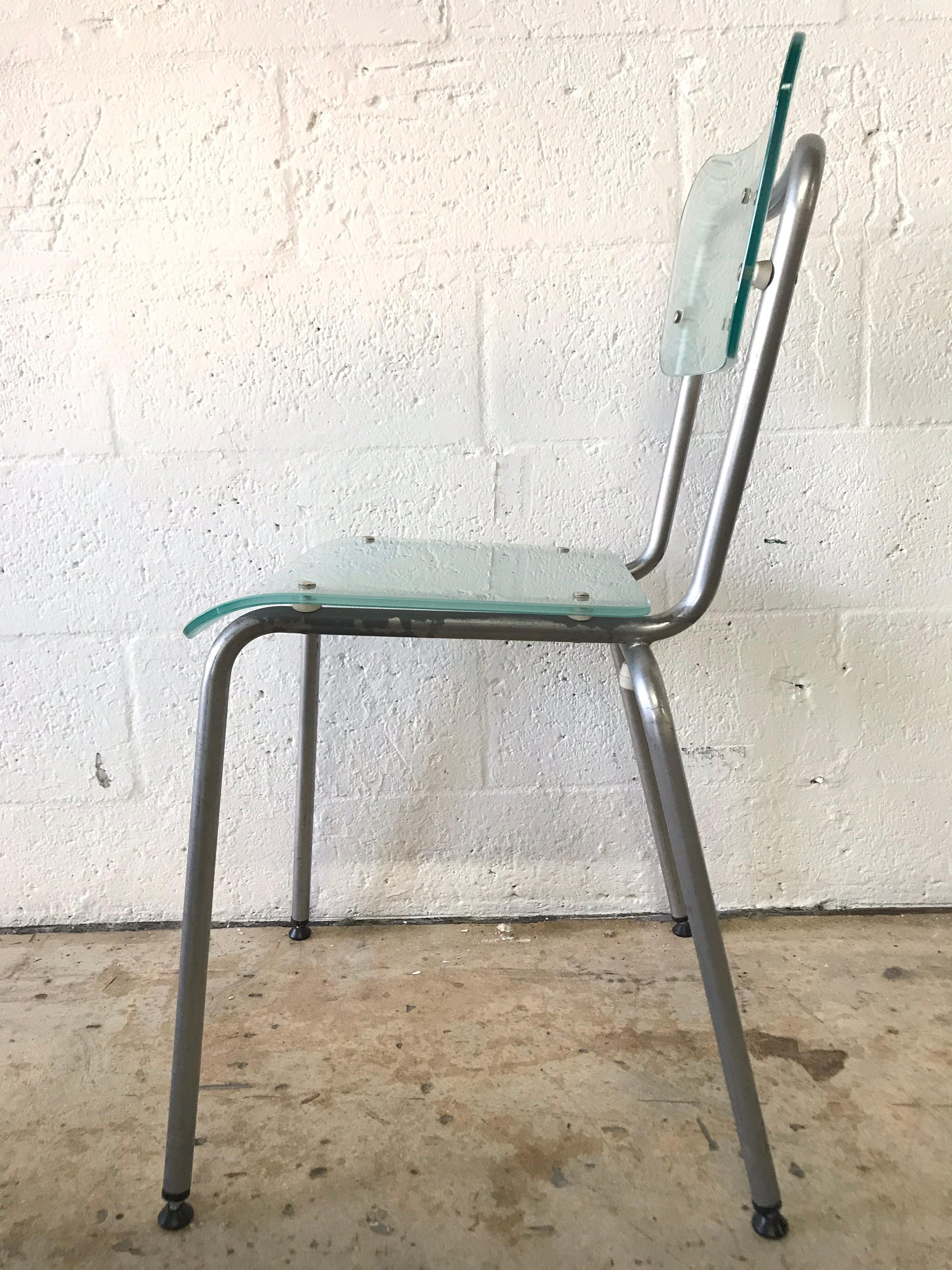 Set of Six Postmodern Glass and Steel Schoolhouse Dining Chairs In Good Condition In Miami, FL