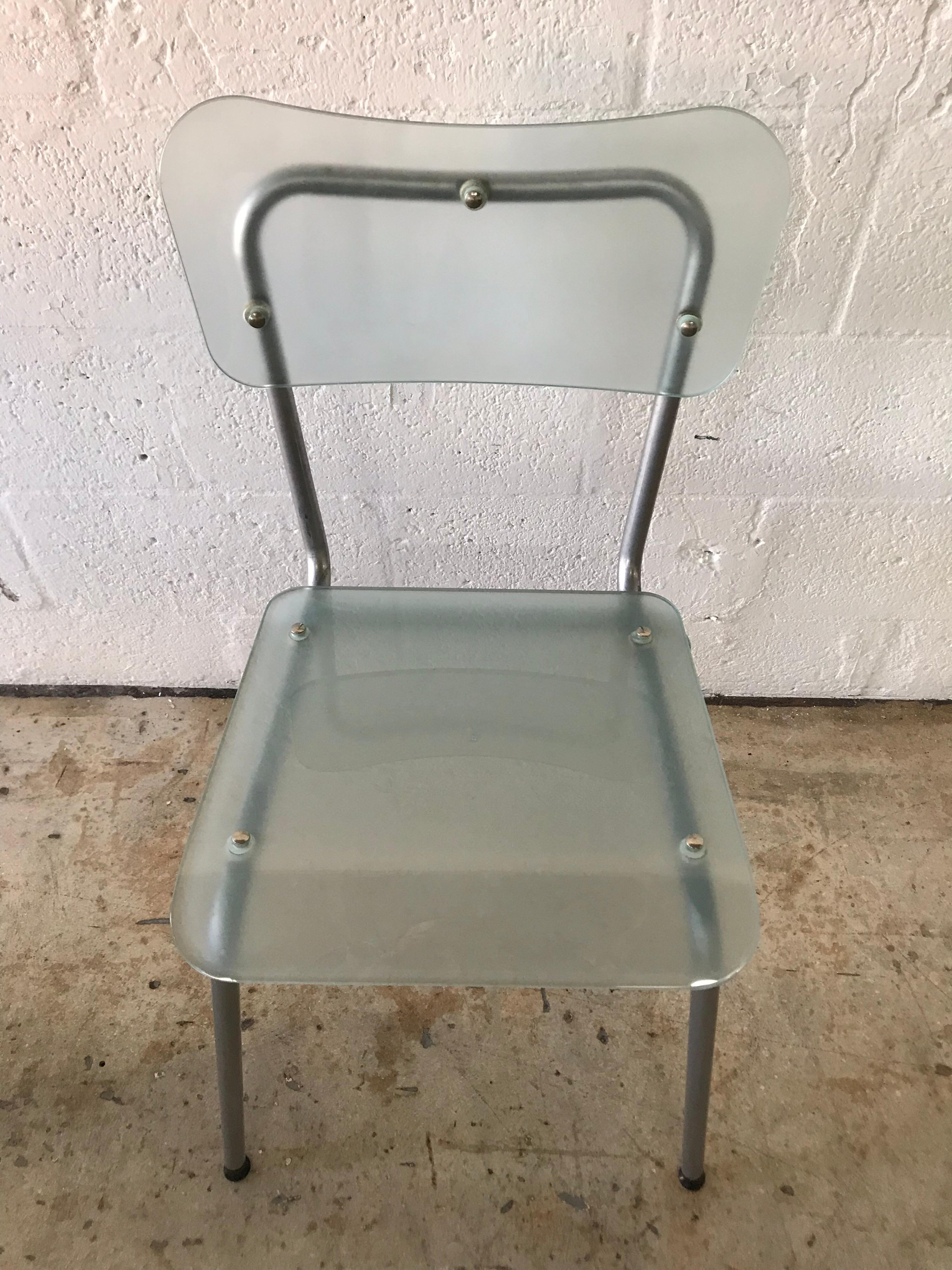Set of Six Postmodern Glass and Steel Schoolhouse Dining Chairs 1