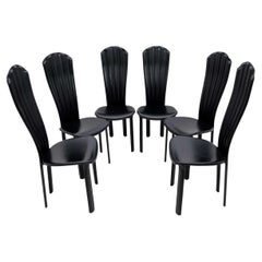Set of Six Postmodern Italian Black Leather Dinning Chairs, 1980s