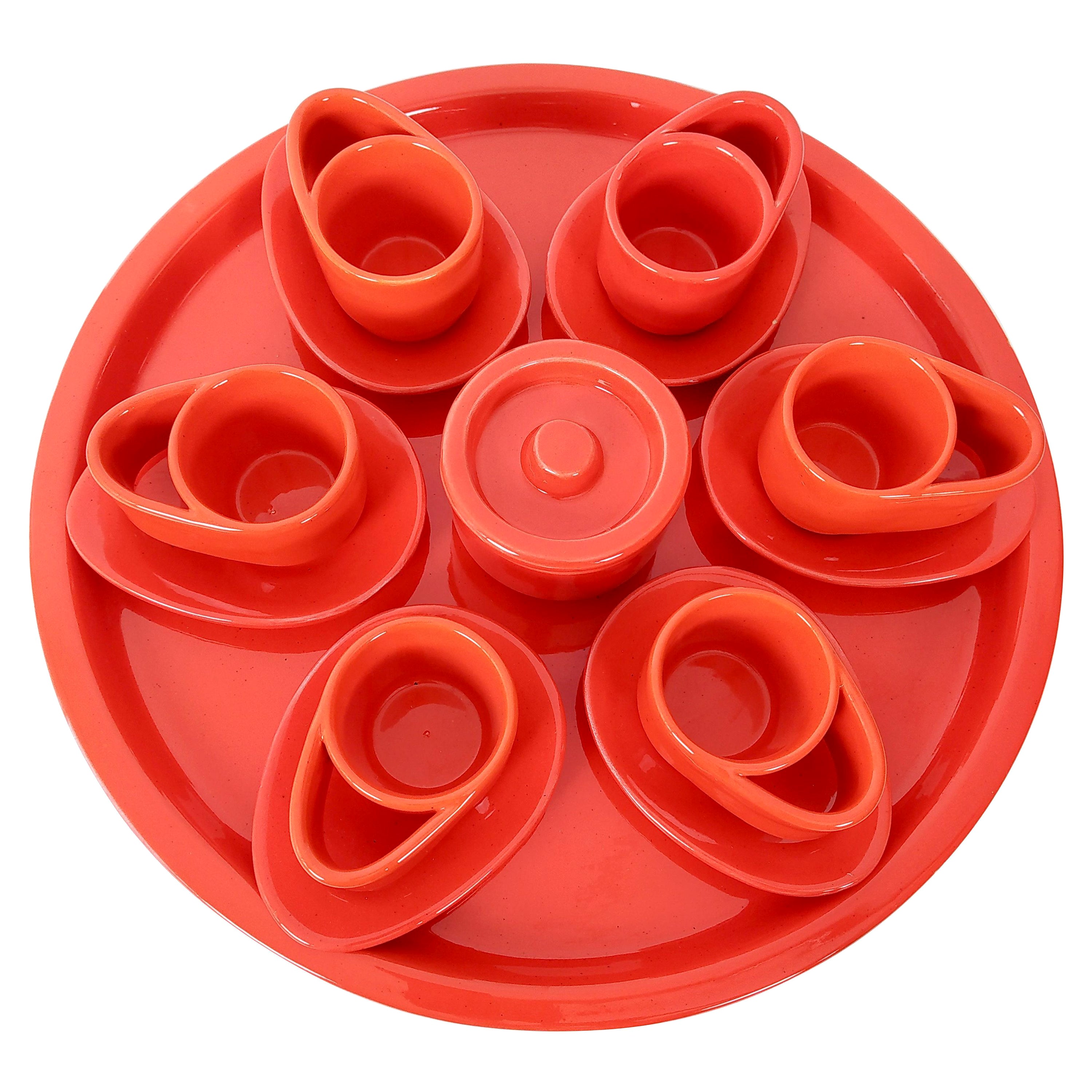 Set of Six Postmodern Vermilion Cups, Sugar Bowl and Plate by Parravicini, Italy