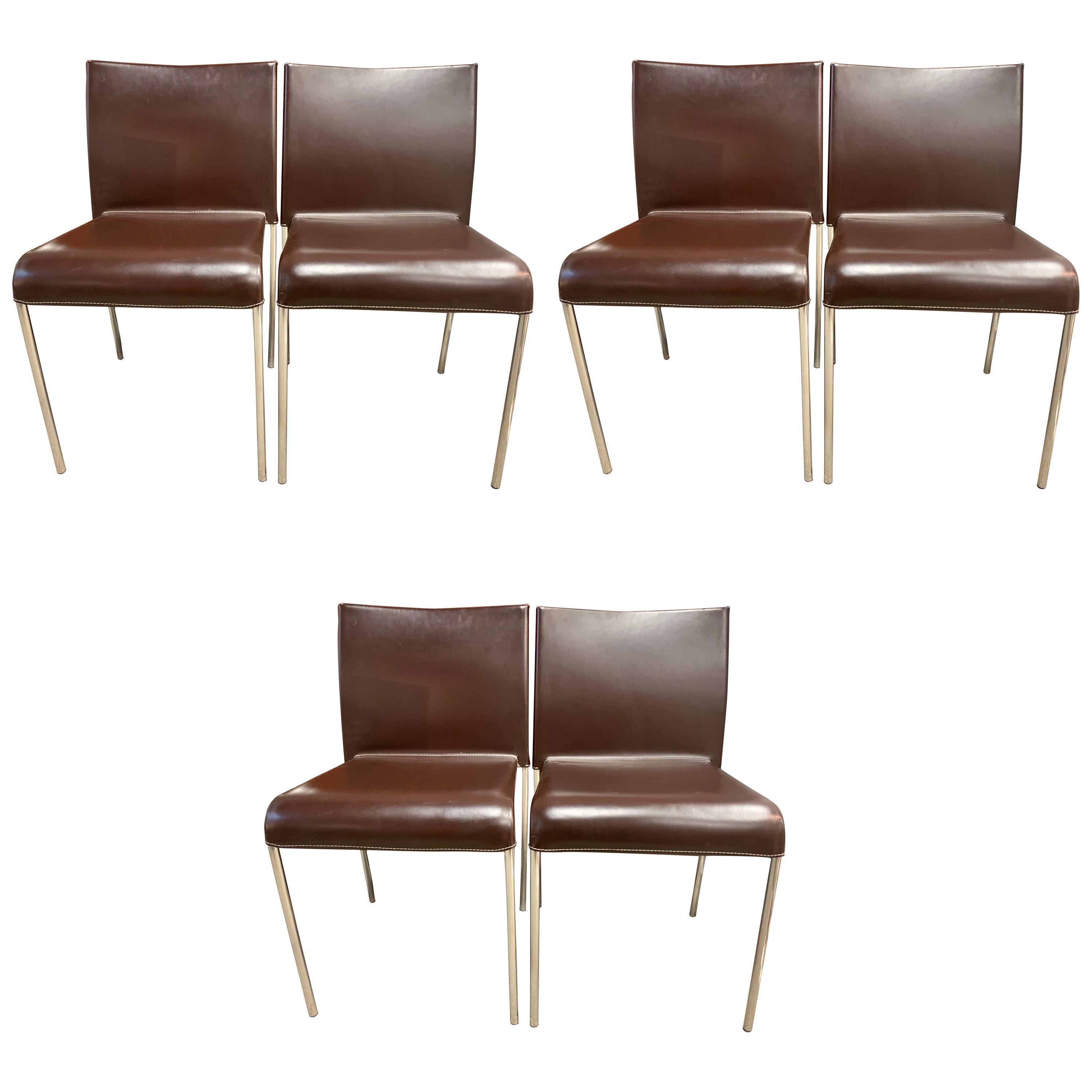 Set of Six Potocco Italy Italian Brown Leather Dining Chairs