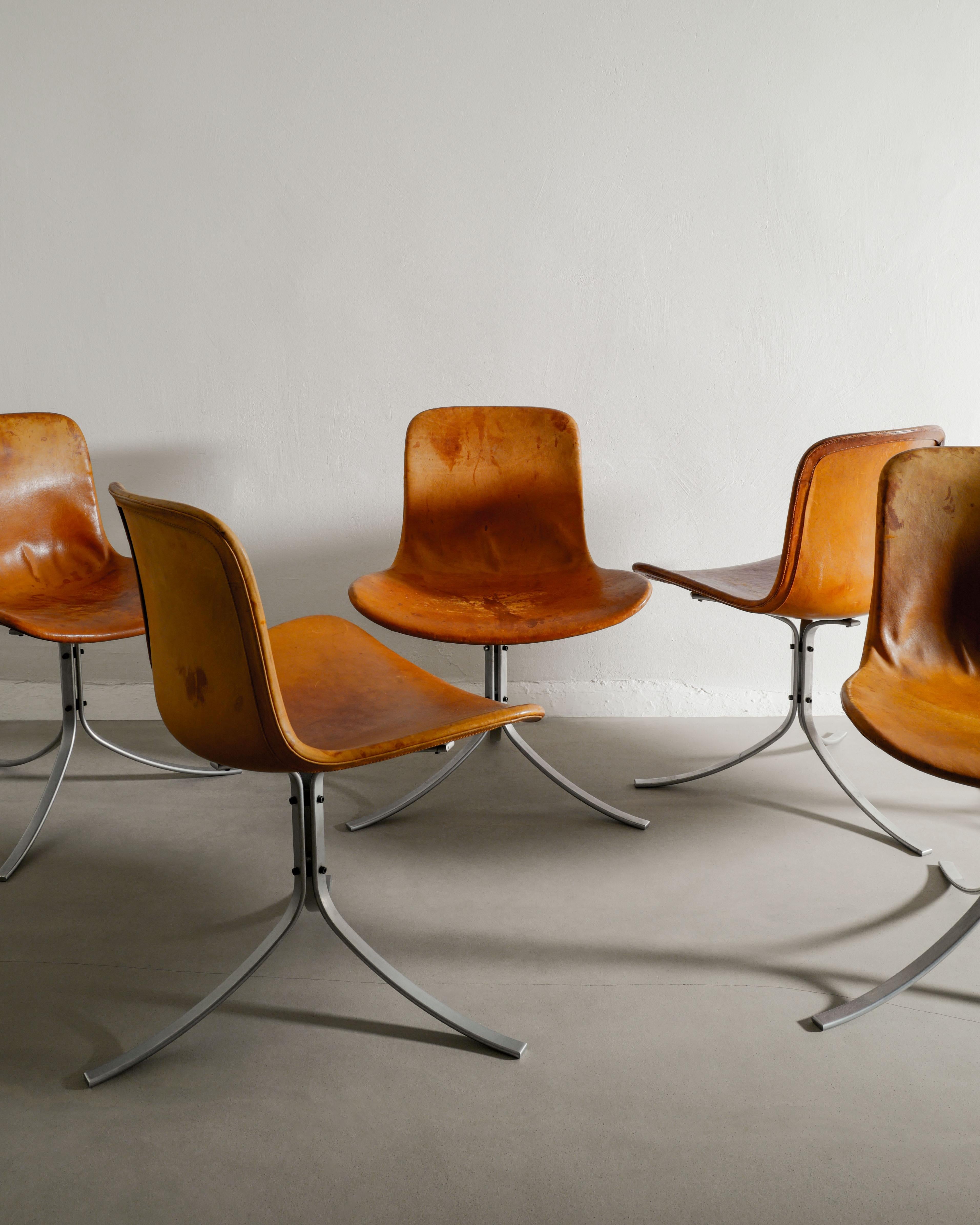 Sechser-Set Poul Kjaerholm PK9 Esszimmerstühle aus braunem Leder von E. Kold, 1960er Jahre (Skandinavische Moderne) im Angebot