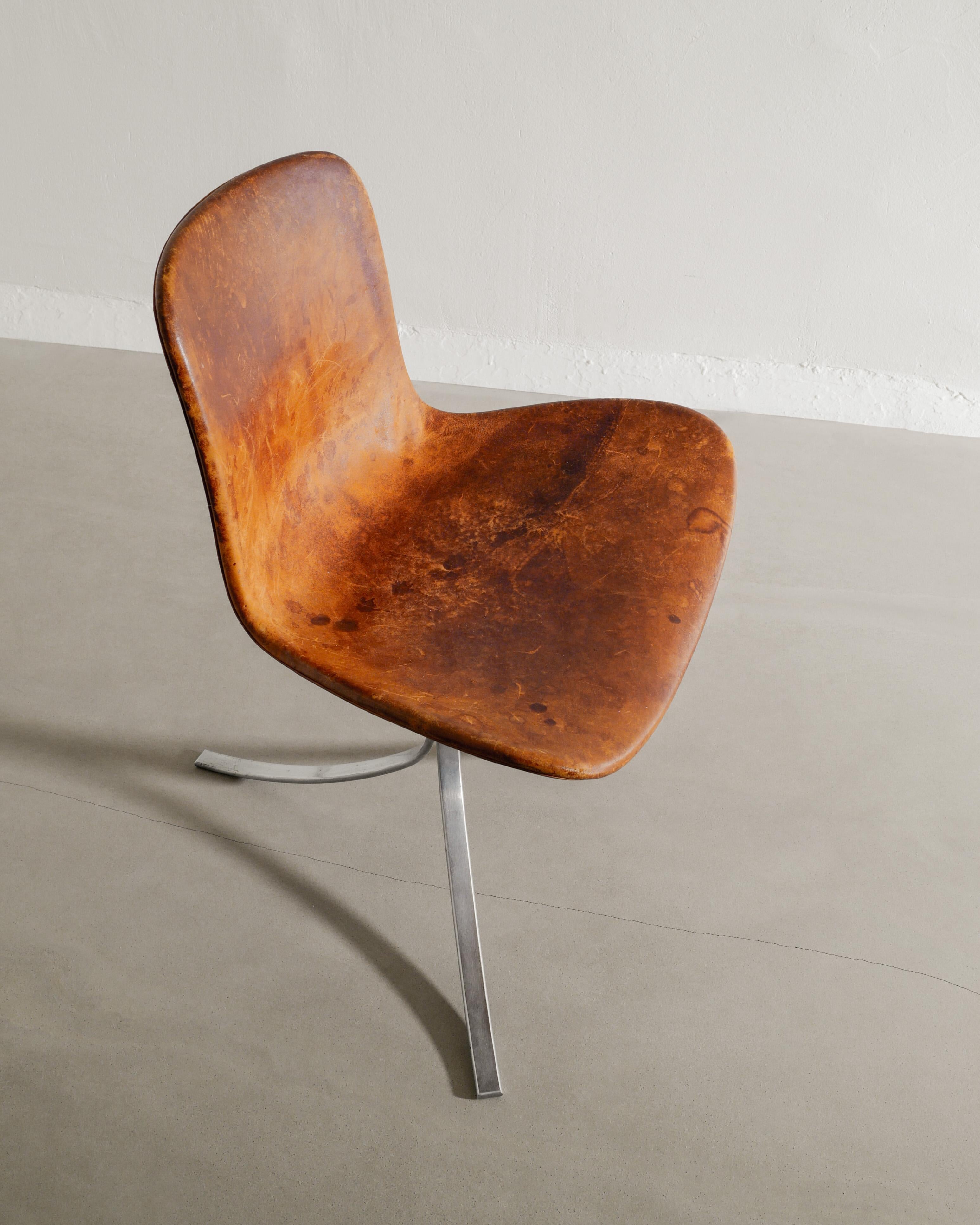 Stainless Steel Set of Six Poul Kjaerholm PK9 Dining Chairs in Brown Leather by E. Kold, 1960s For Sale