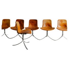 Ensemble de six chaises de salle à manger PK9 de Poul Kjaerholm en cuir Brown par E. Brown, années 1960