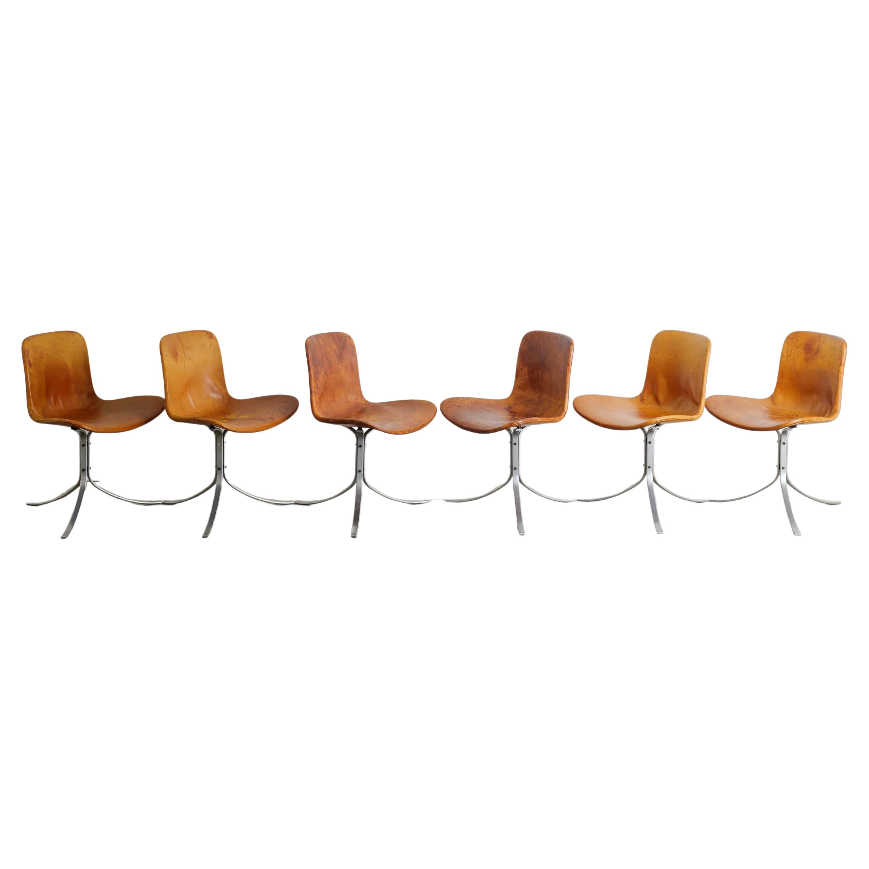 Set of Six Poul Kjaerholm PK9 Dining Chairs in Brown Leather by E. Kold, 1960s