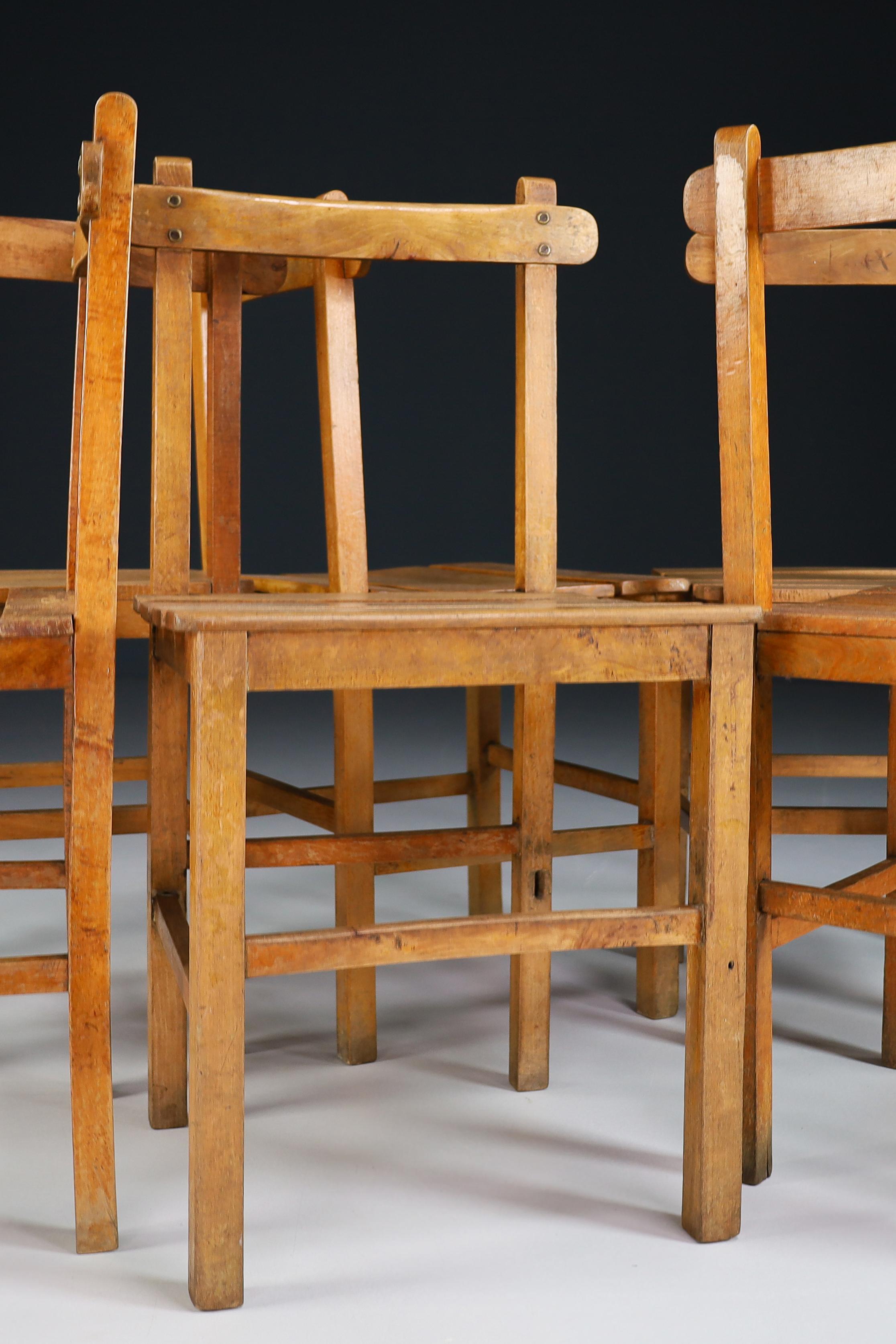 20th Century Set of Six Primitive Chairs in Patinated Beechwood, France 1950s