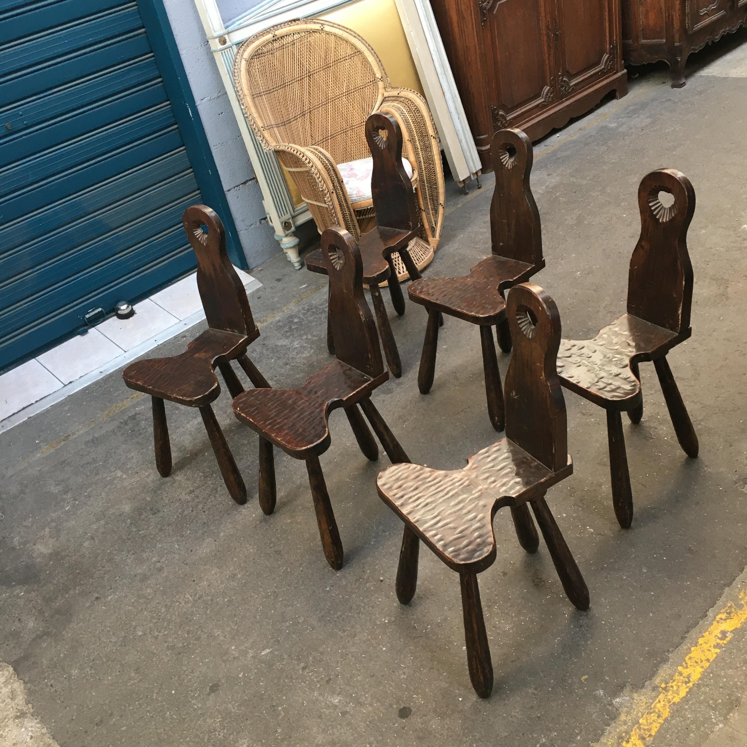 Mid-Century Modern Set of six primitive chairs in solid oak For Sale