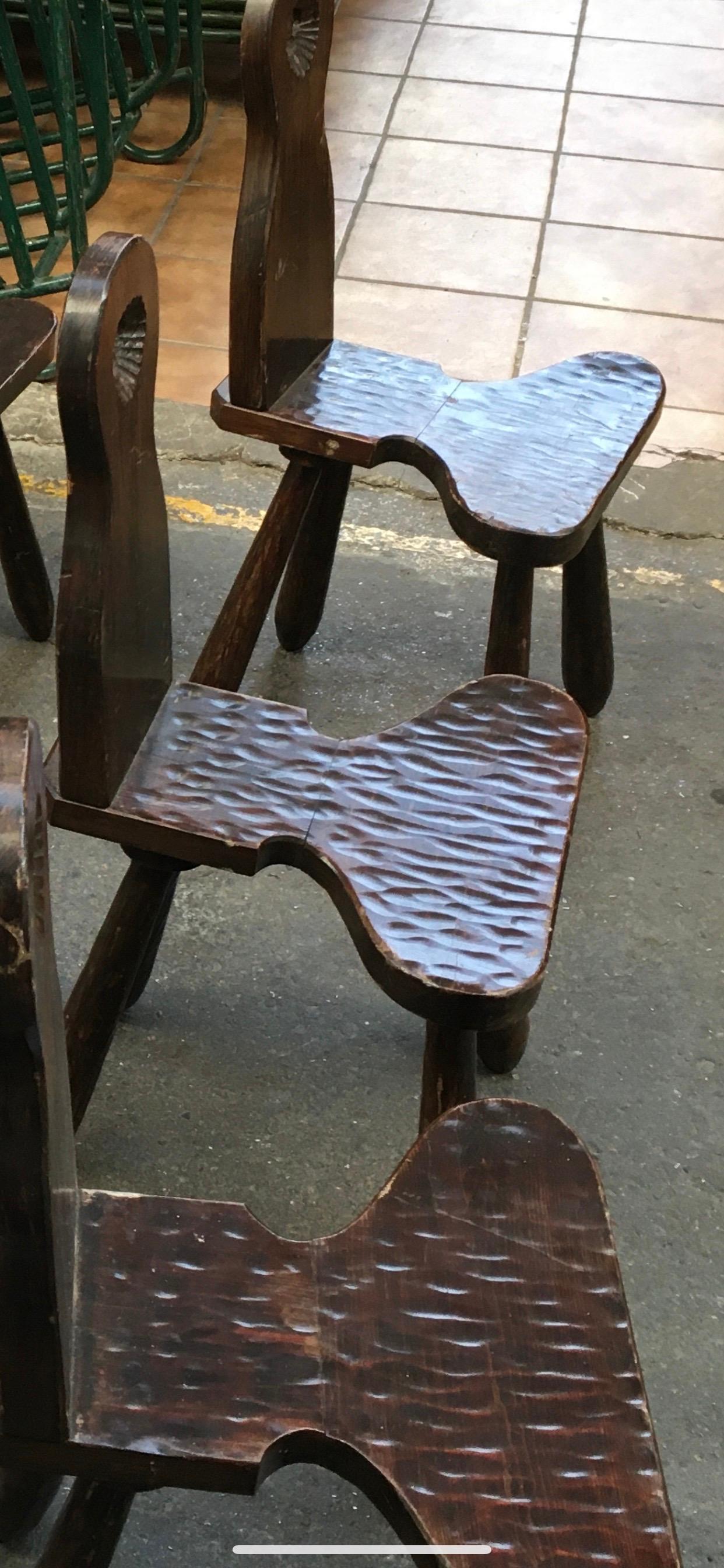 European Set of six primitive chairs in solid oak For Sale