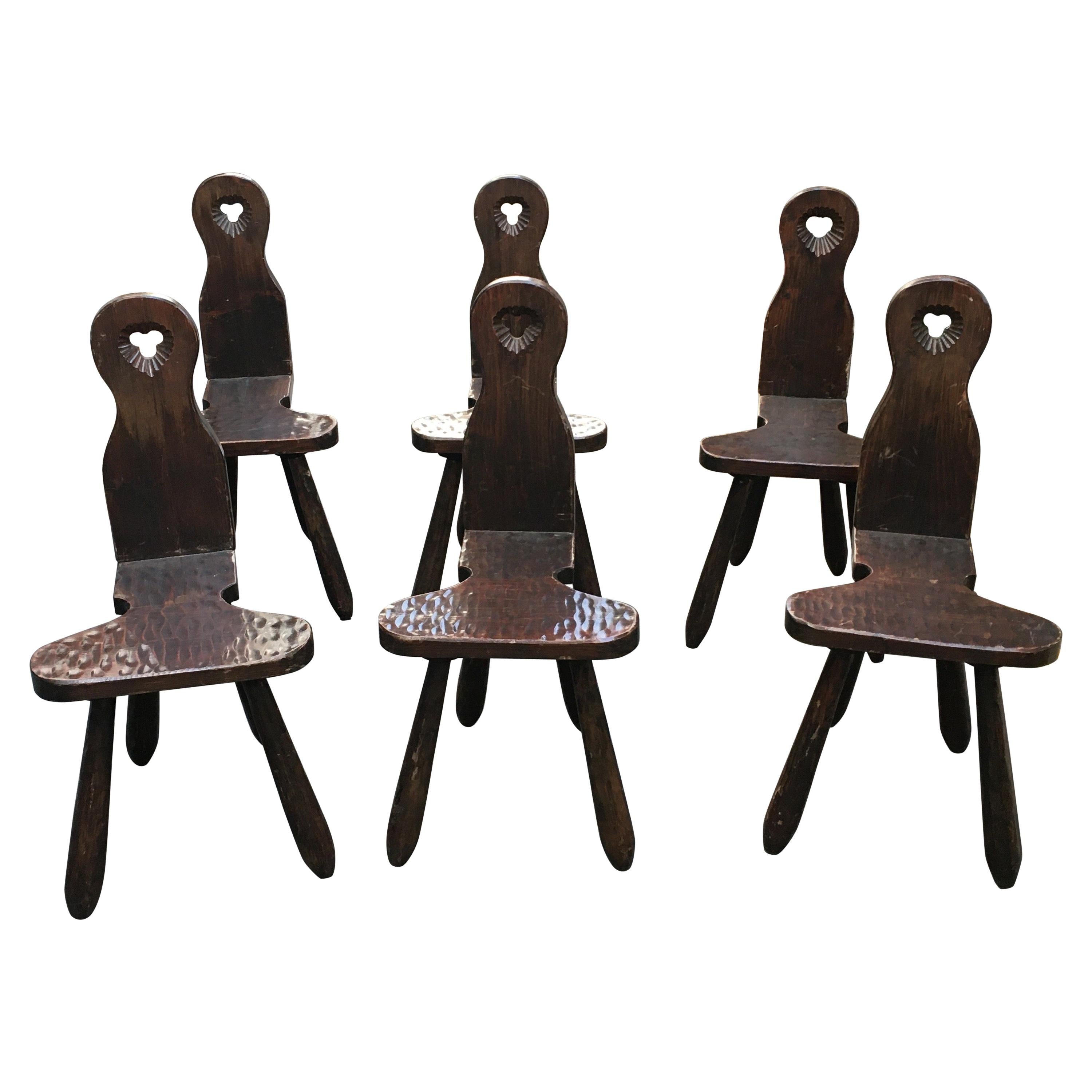 Set of six primitive chairs in solid oak For Sale