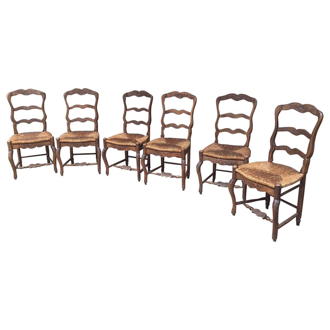 Set of Six Provencal French Dining Room Chairs in Oakwood from 1920s For Sale