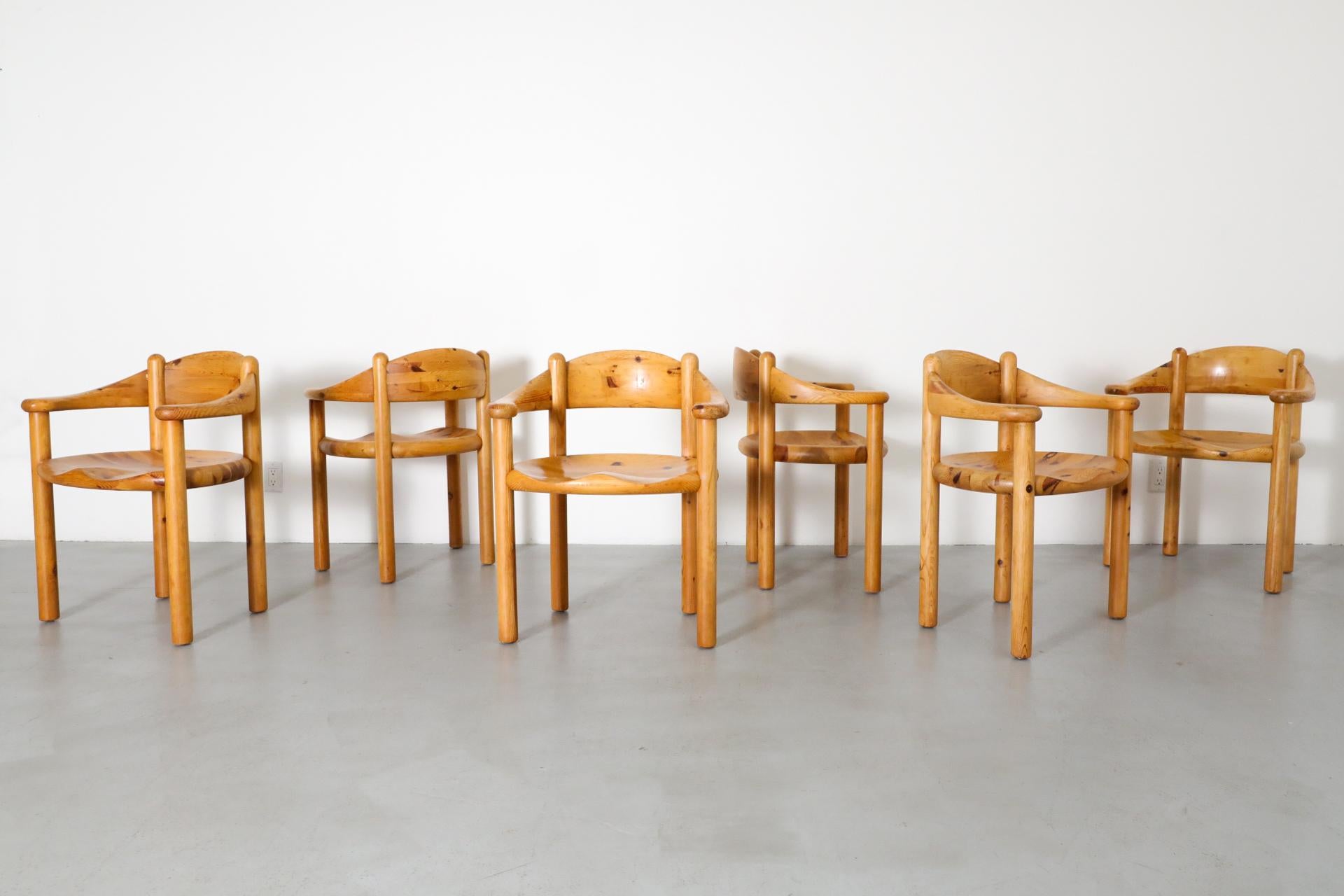 Set of 6, Danish Mid-Century, Rainer Daumiller designed, elegantly carved pine dining chairs for Hirtshals Savvaerk. Designed in 1977, these chairs are made from solid pine with beautifully robust and organic yet clean lines in gorgeous, natural