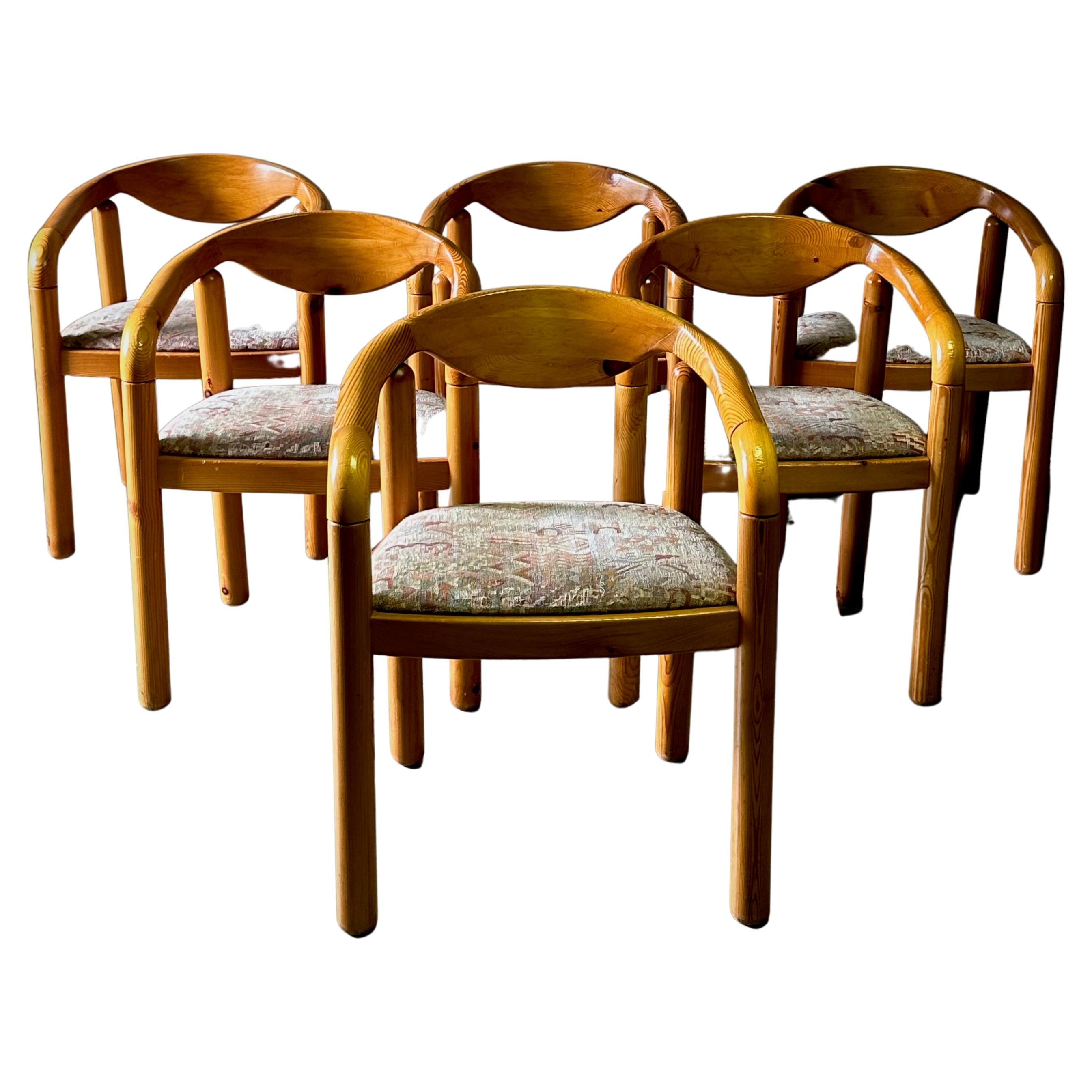 Set of Six Rainer Daumiller Pine Wood Arm Chairs For Sale