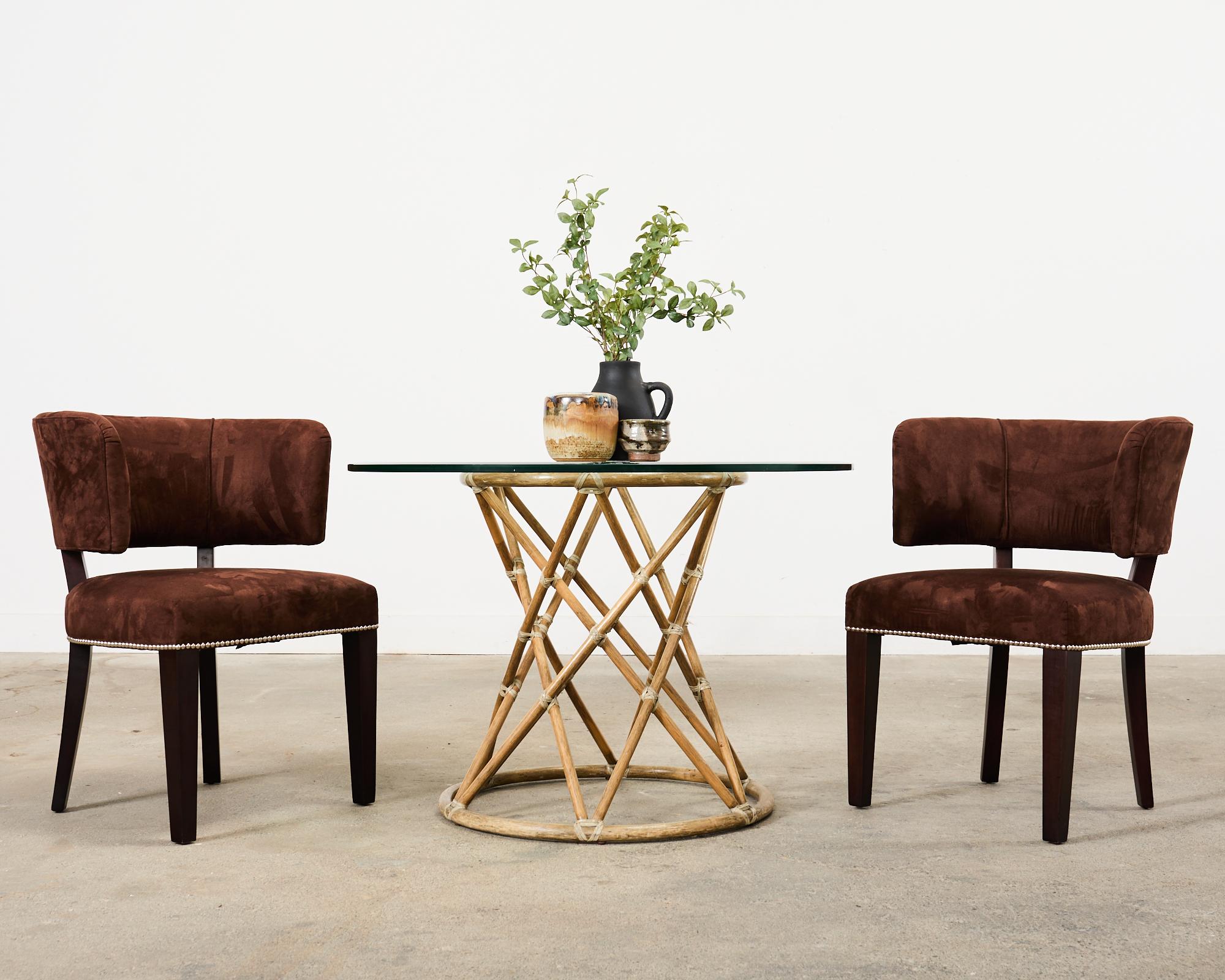 Gorgeous set of six modern barrel back dining chairs designed by Ralph Lauren. Reminiscent of Lauren's new Clivedon chairs with a curved ergonomic back. The mahogany frames have a rich, near ebony dark finish. Upholstered with a thick, plush