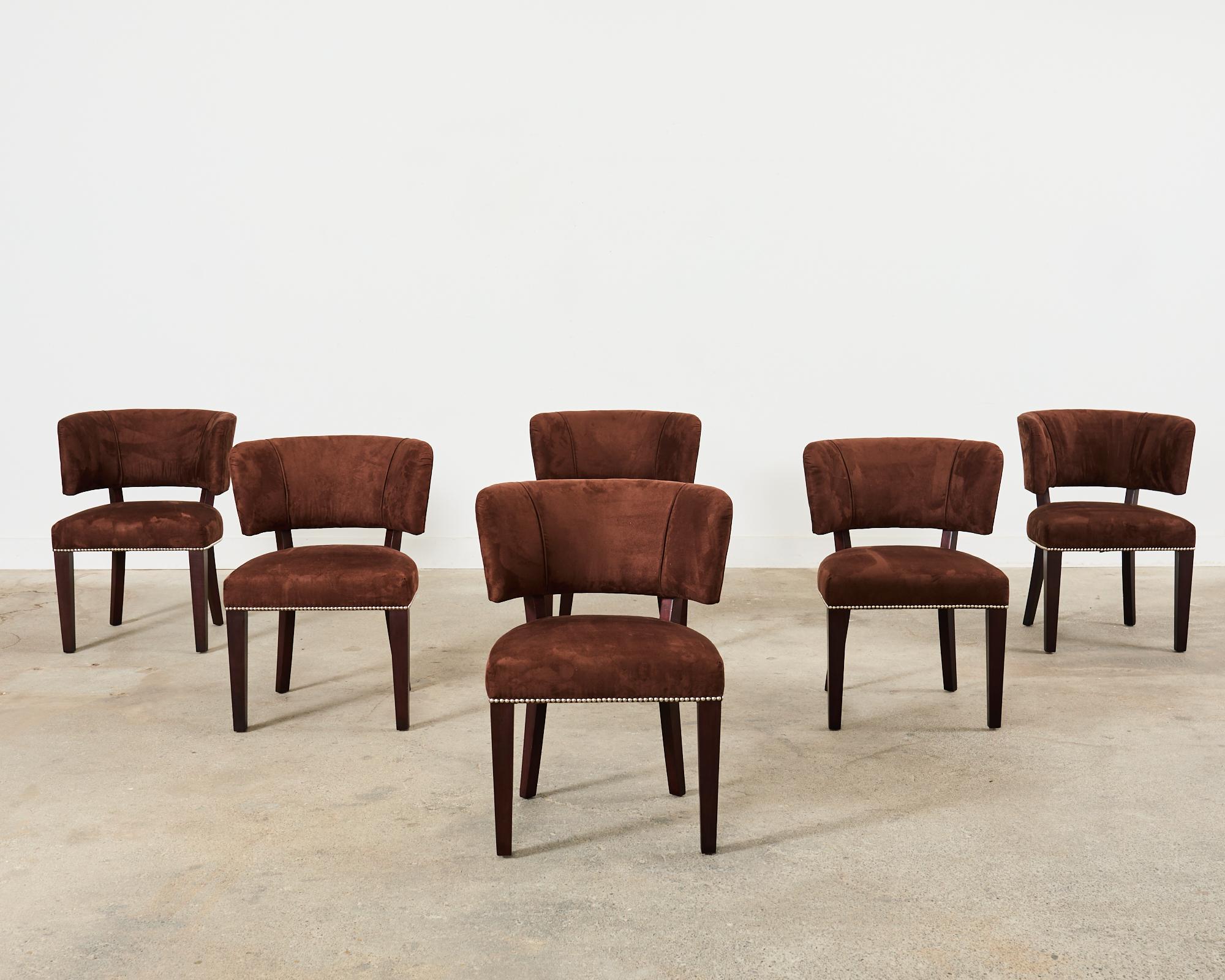 Modern Set of Six Ralph Lauren Alcantara Barrel Back Dining Chairs