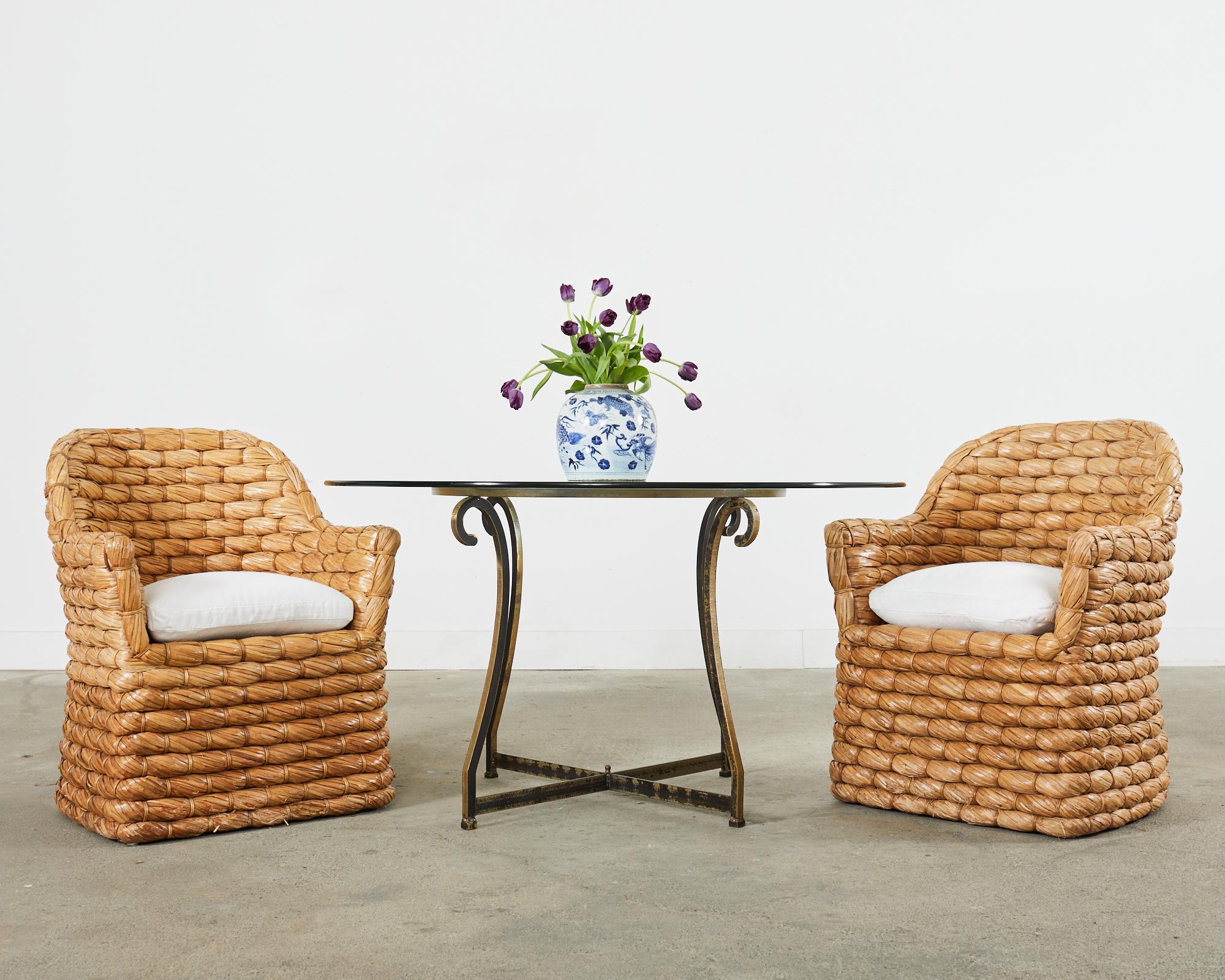 Amazing set of six woven Lampakanay or seagrass dining chairs or armchairs designed by Ralph Lauren. The iconic Joshua tree chairs feature a a rattan frame covered with an abaca hemp style thick rope. The leaves are braided together to form a large