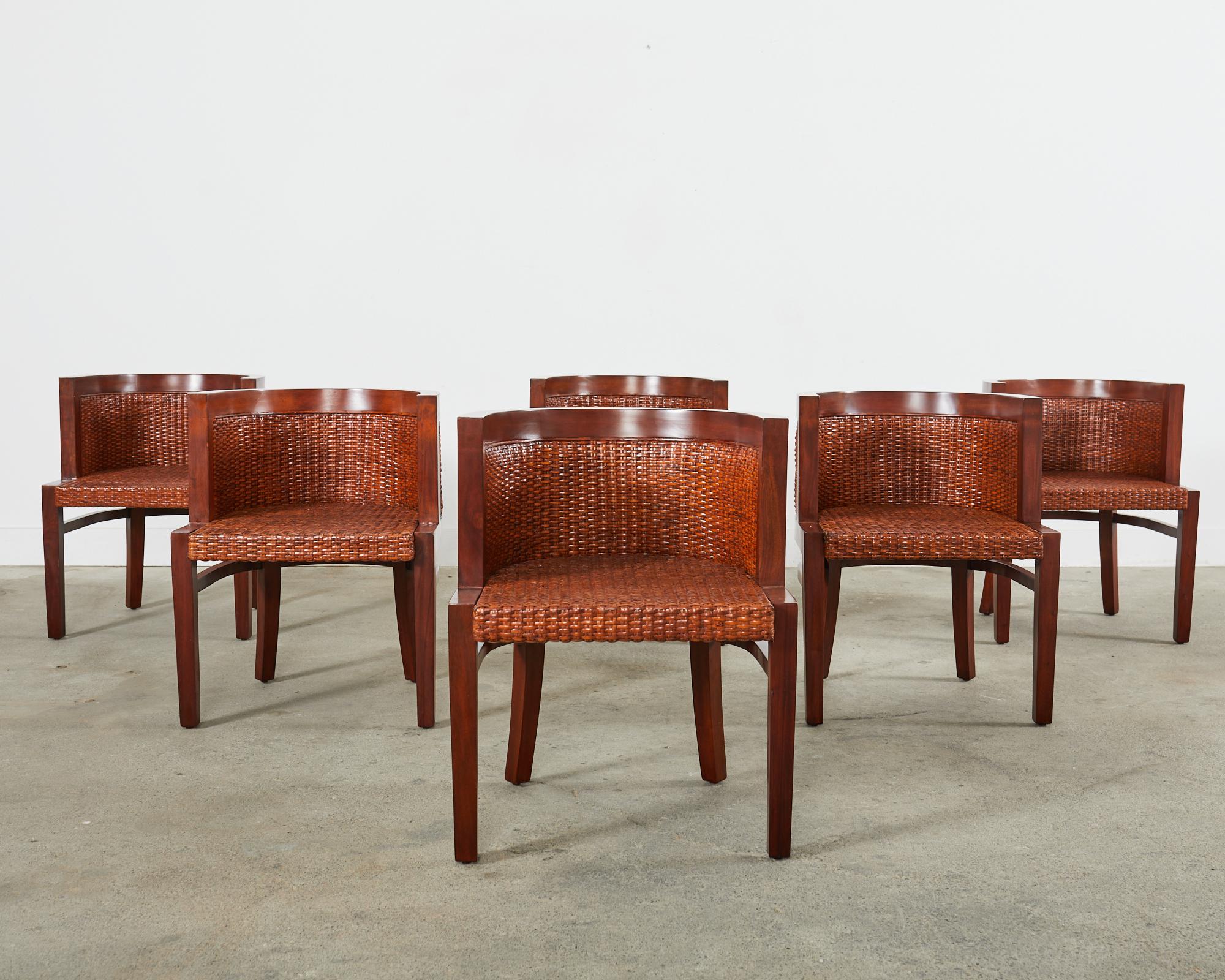 Set of Six Ralph Lauren Mahogany Rattan Barrel Dining Chairs For Sale 4