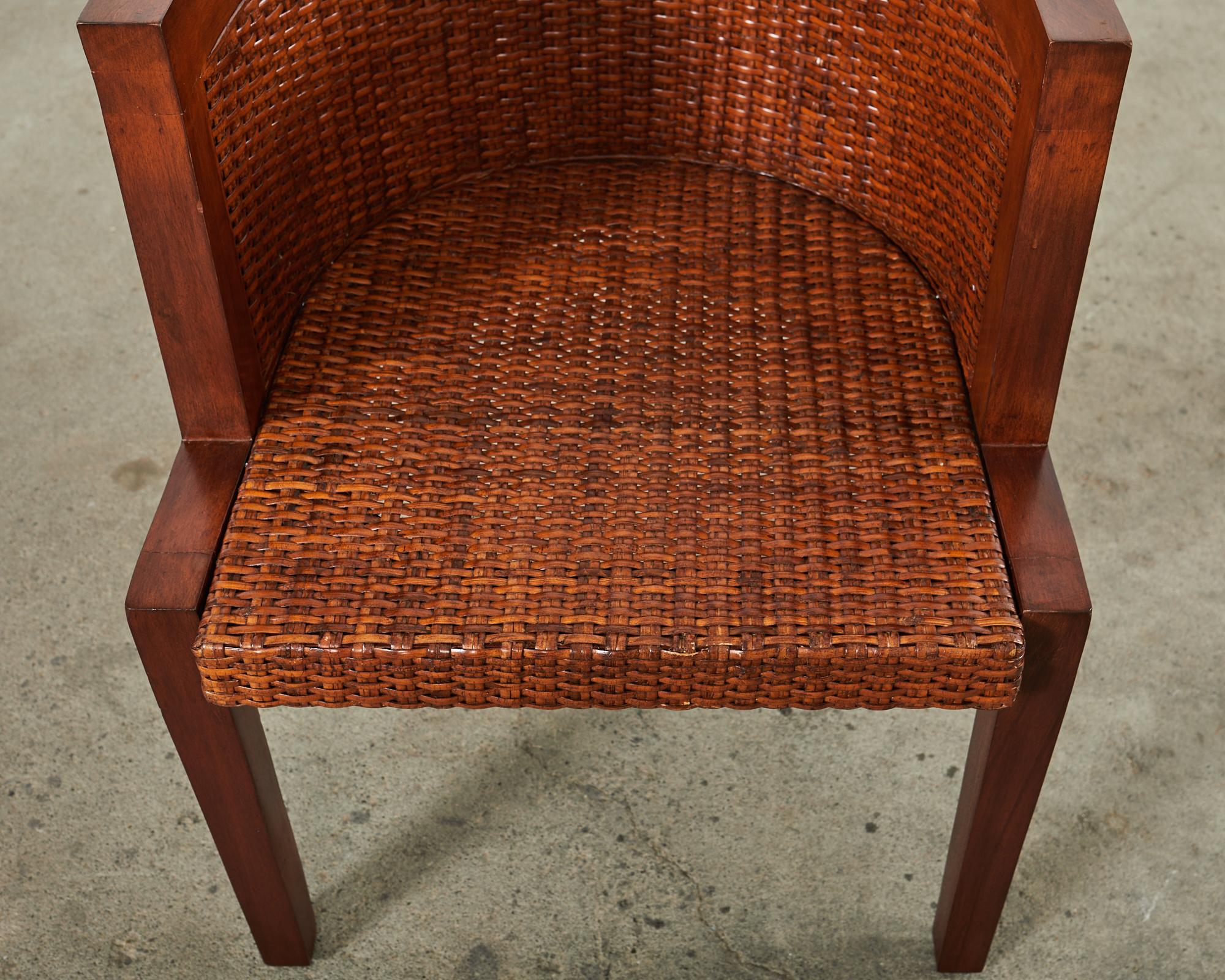 Set of Six Ralph Lauren Mahogany Rattan Barrel Dining Chairs For Sale 10