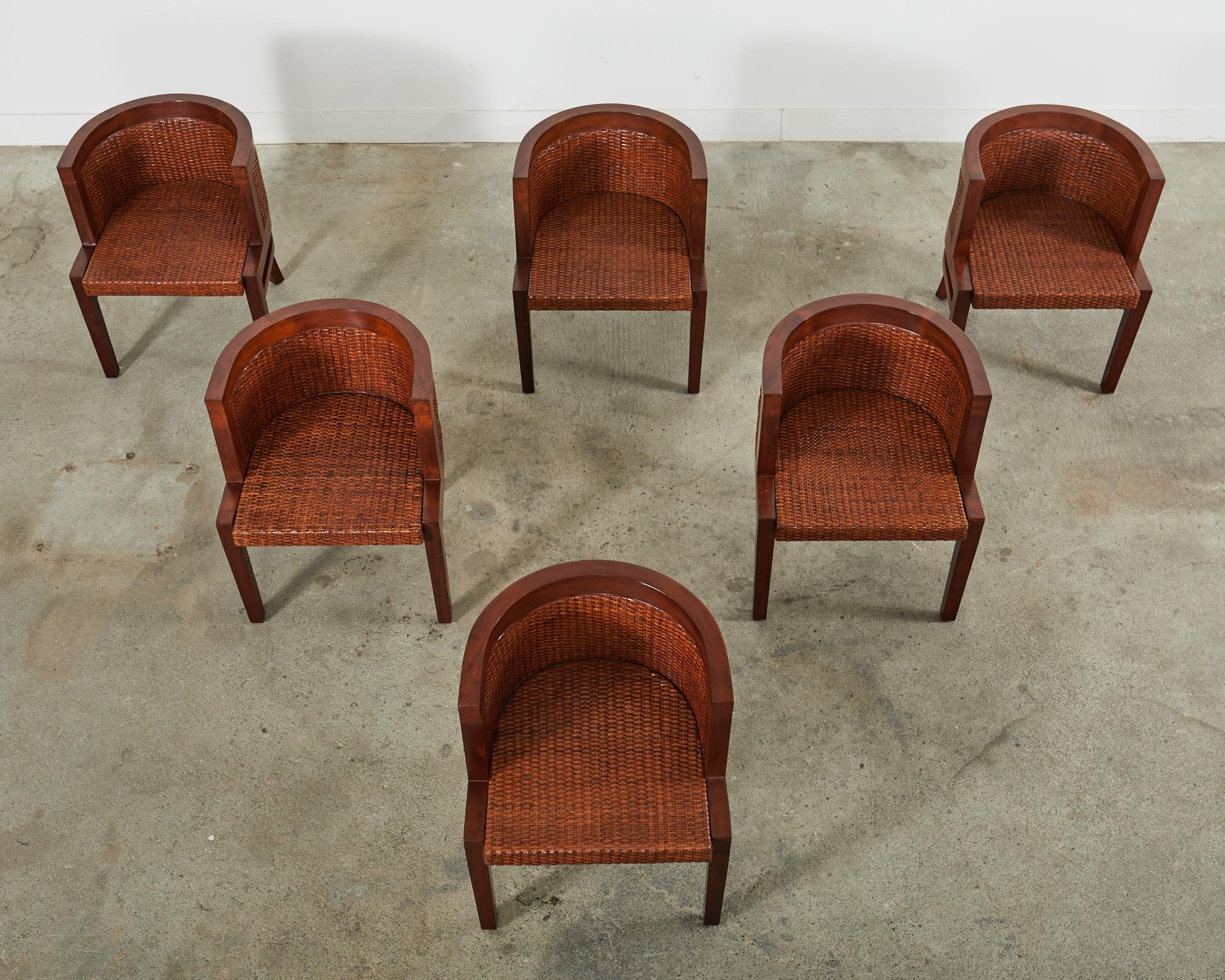 British Colonial Set of Six Ralph Lauren Mahogany Rattan Barrel Dining Chairs