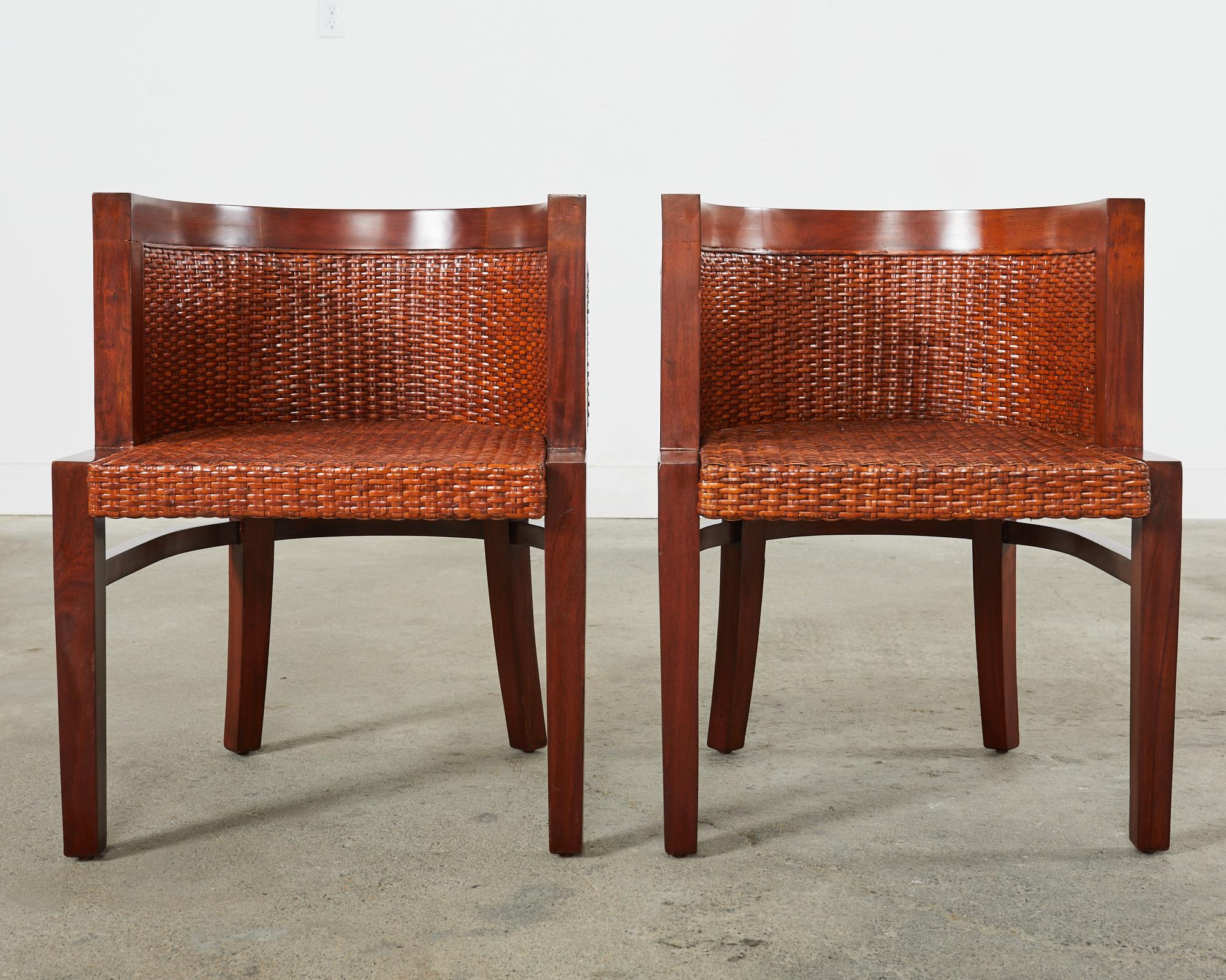British Colonial Set of Six Ralph Lauren Mahogany Rattan Barrel Dining Chairs For Sale