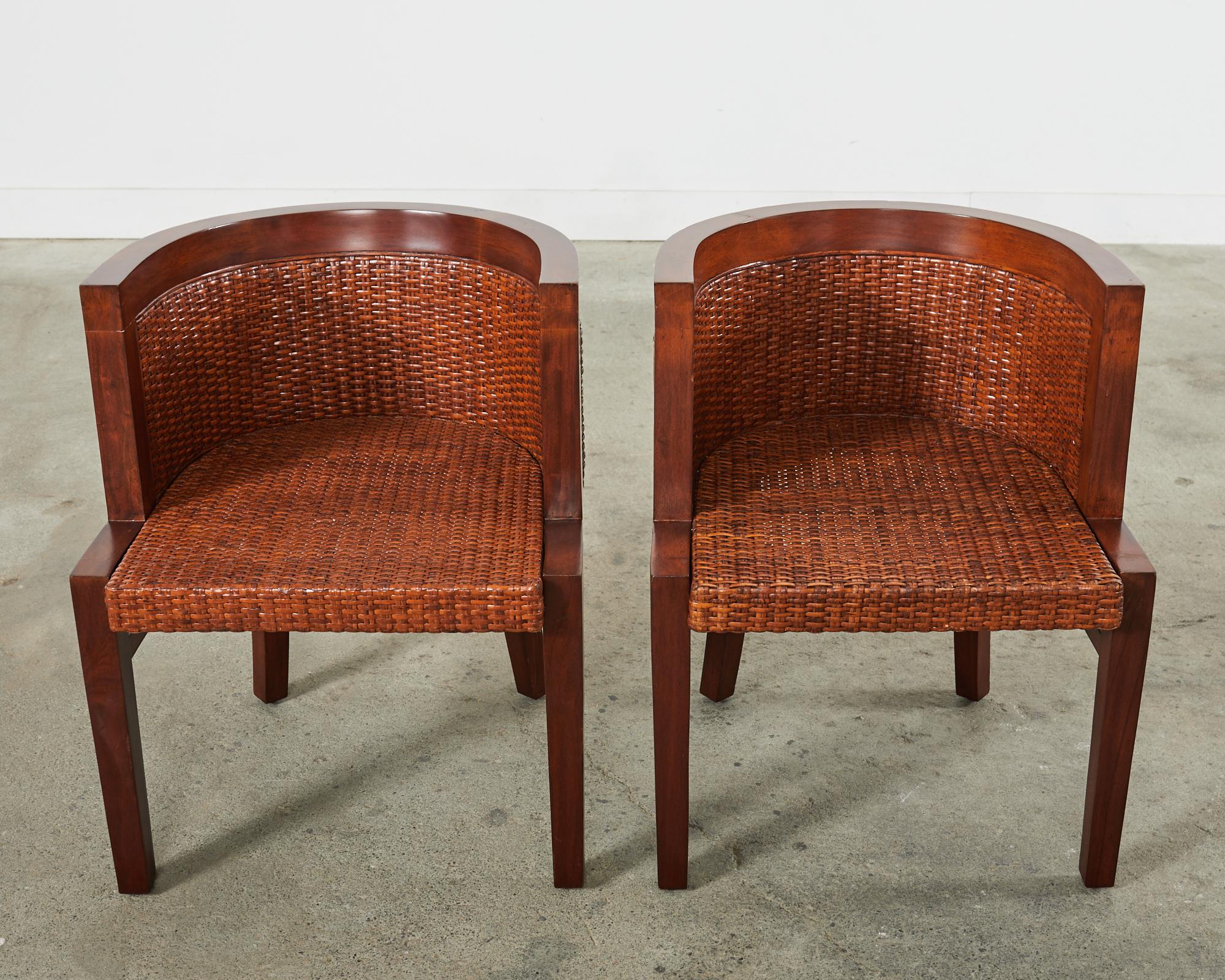 Hand-Crafted Set of Six Ralph Lauren Mahogany Rattan Barrel Dining Chairs For Sale