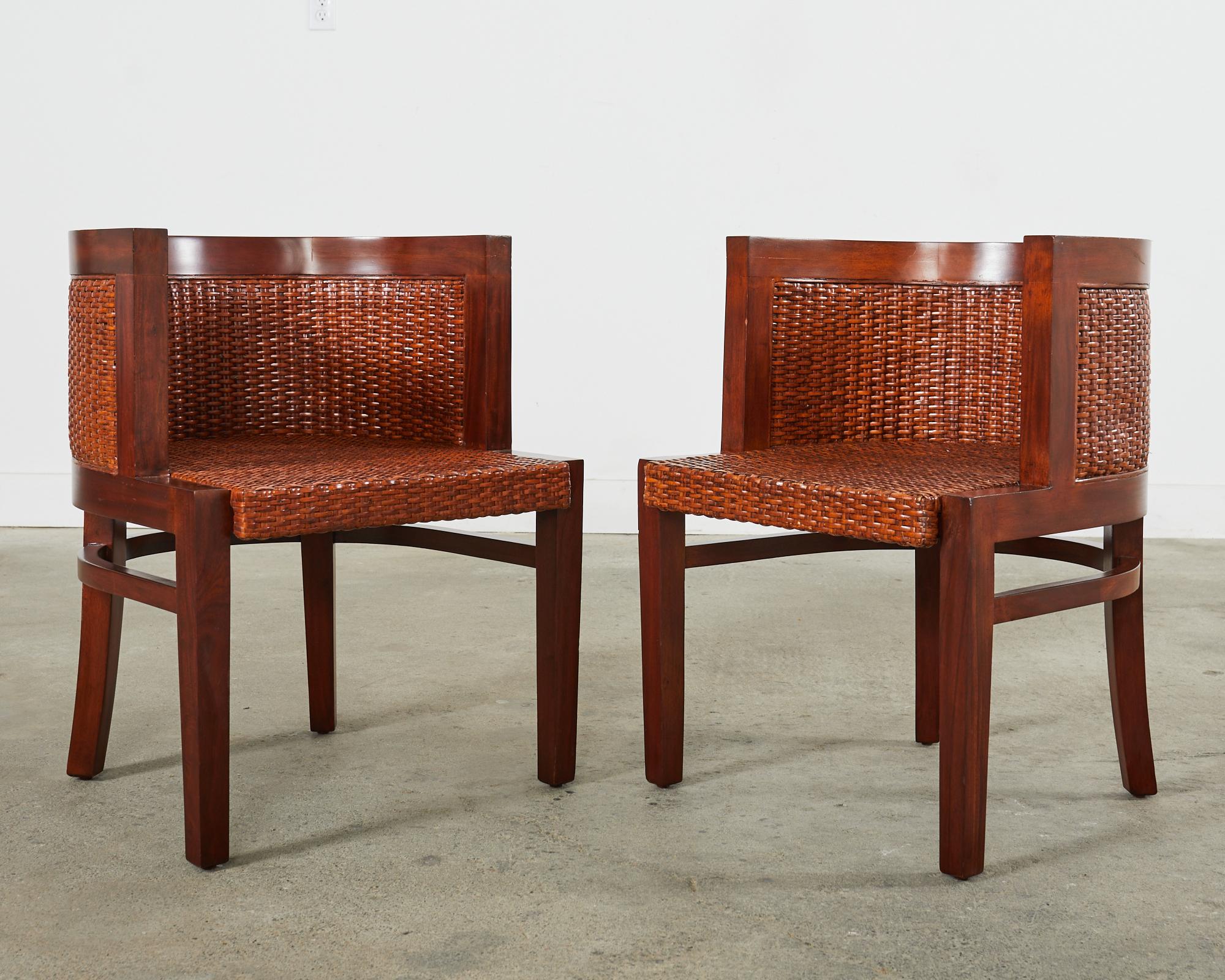 Hand-Crafted Set of Six Ralph Lauren Mahogany Rattan Barrel Dining Chairs For Sale