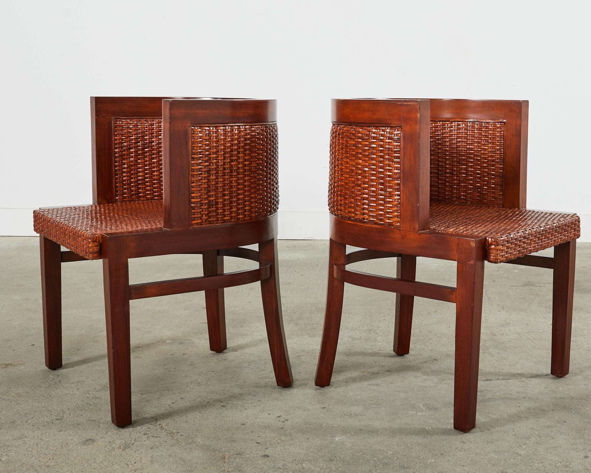 Contemporary Set of Six Ralph Lauren Mahogany Rattan Barrel Dining Chairs For Sale