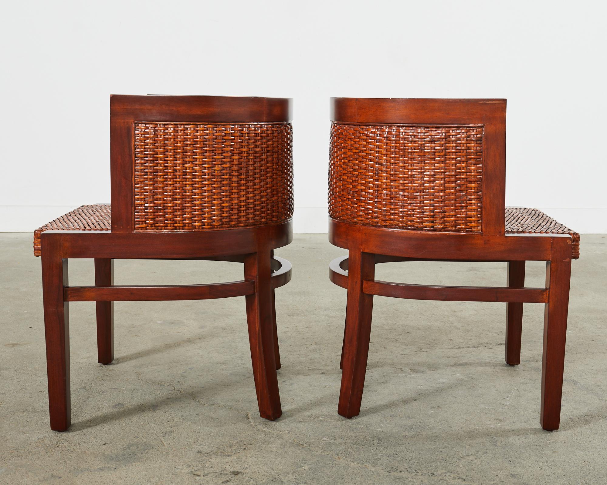 Wicker Set of Six Ralph Lauren Mahogany Rattan Barrel Dining Chairs For Sale