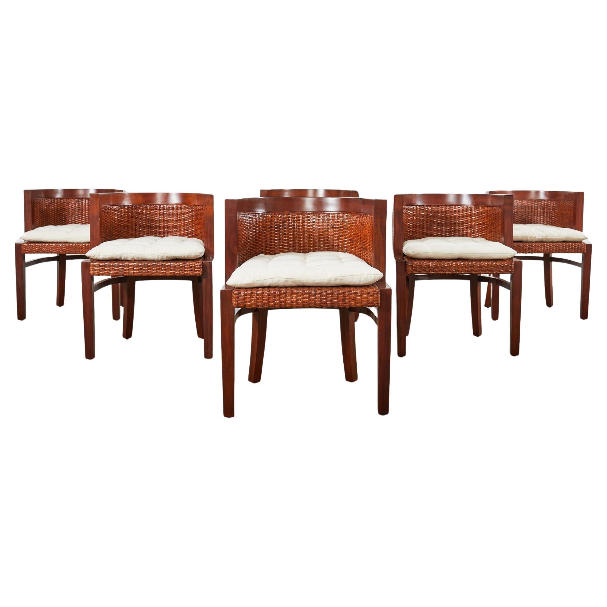 Set of Six Ralph Lauren Mahogany Rattan Barrel Dining Chairs For Sale