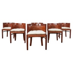 Antique Set of Six Ralph Lauren Mahogany Rattan Barrel Dining Chairs