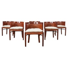 Set of Six Ralph Lauren Mahogany Rattan Barrel Dining Chairs