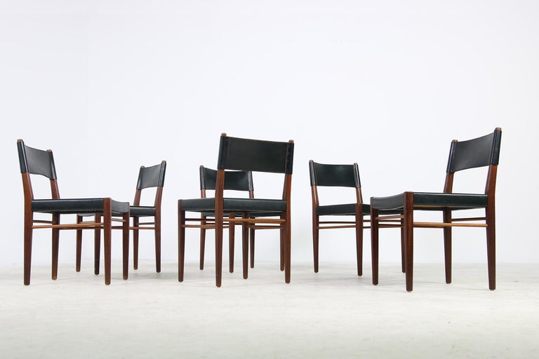 Beautiful set of six Helmut Magg teak and thick and strong leather dining chairs, solid teak wood, good vintage condition, 1950s made in Germany made by WK Furniture, Germany.