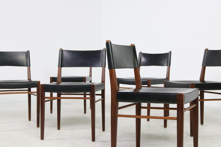 Mid-Century Modern Set of Six Rare 1950s Helmut Magg Dining Chairs Teak and Leather Mod. 3024 WK For Sale