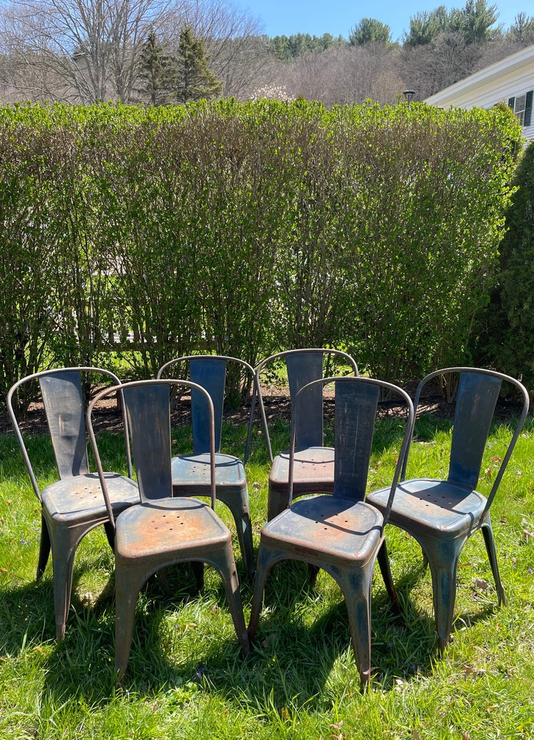 Set of Six Rare Authentic French "Model A" Tolix Chairs in Original Blue Paint For Sale at