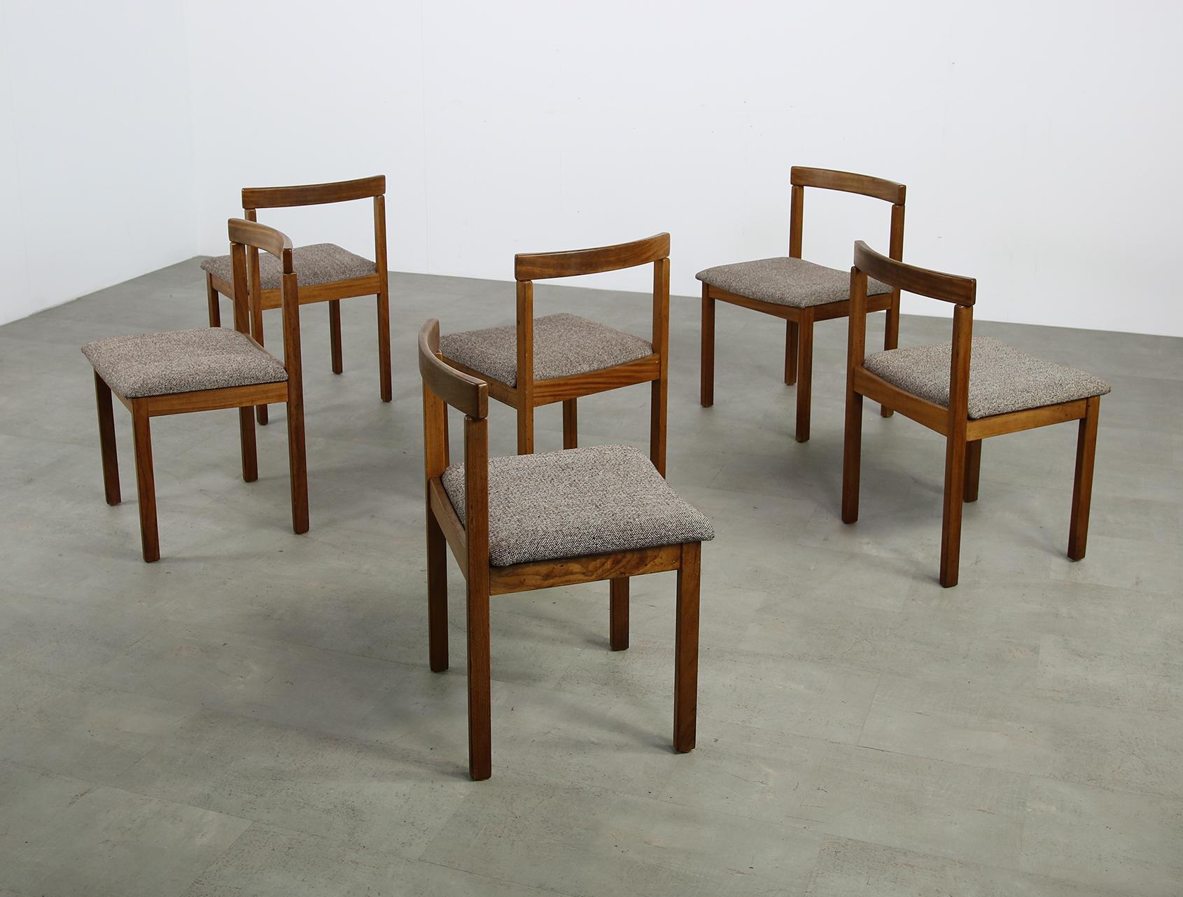 Beautiful and rare set of six Scandinavian Modern chairs, made by Asko, Finland. Very rare, Minimalist design and simple made, reupholstered seats, covered with new tweed fabric.