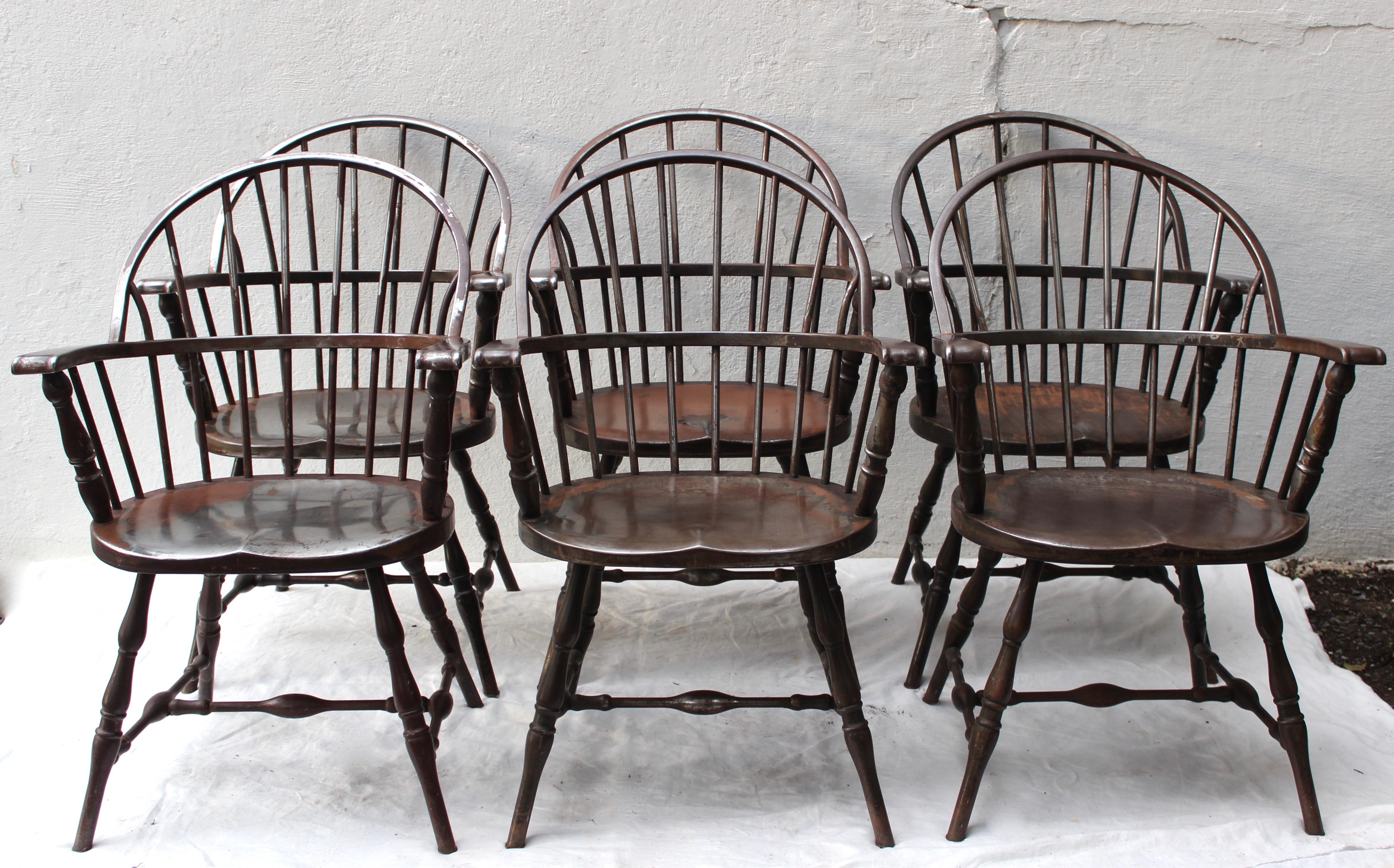 Set of six steel Windsor chairs from Philadelphia Central Library by Canton Art Metal Company. Originally done with the Faux Wood Grain which is still visible on the undersides of the chair seats... 
very good structural condition but the finish is