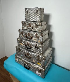 Set of Six Rare Vintage French Cheney Style Honeycombed Aluminum Suitcases