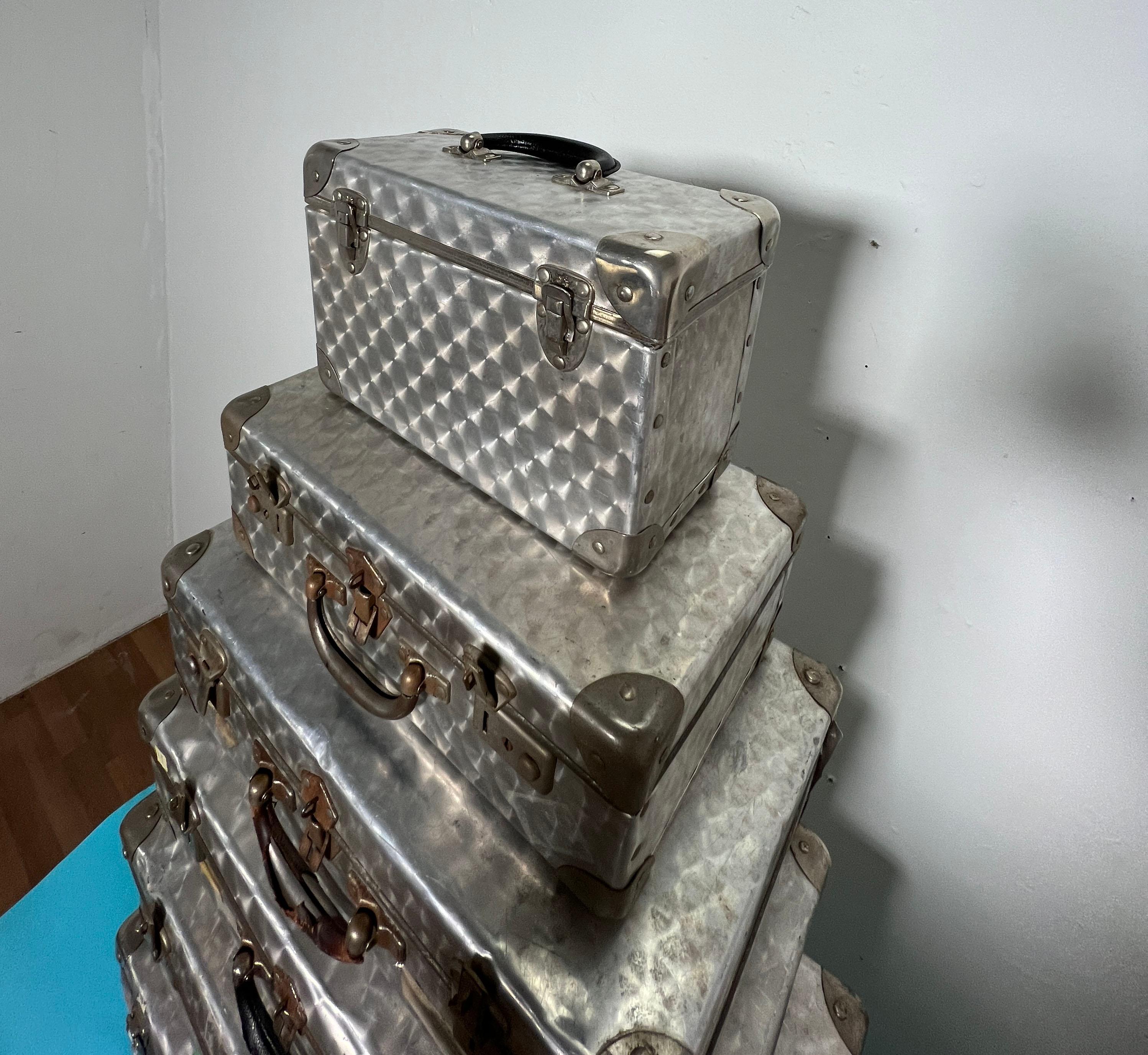 Set of Six Rare Vintage French Cheney Style Honeycombed Aluminum Suitcases In Good Condition For Sale In Peabody, MA