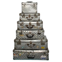 Set of Six Rare Vintage French Cheney Style Honeycombed Aluminum Suitcases
