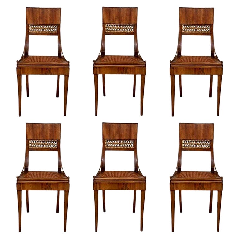 Lot de six  Rare chaise en noyer de style Klismos avec assise cannée