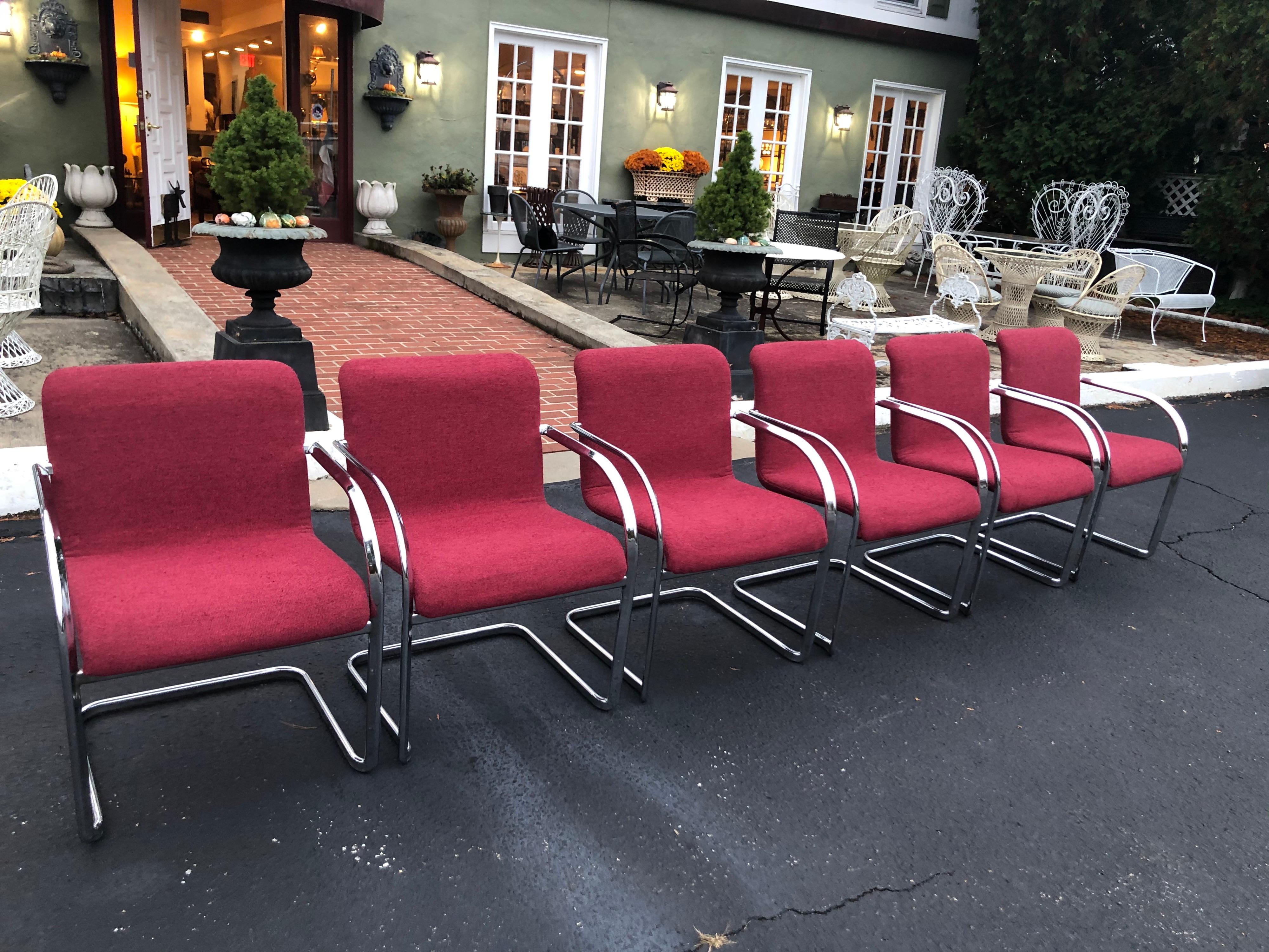 Set of Six Raspberry and Chrome Dining or Office Chairs 5