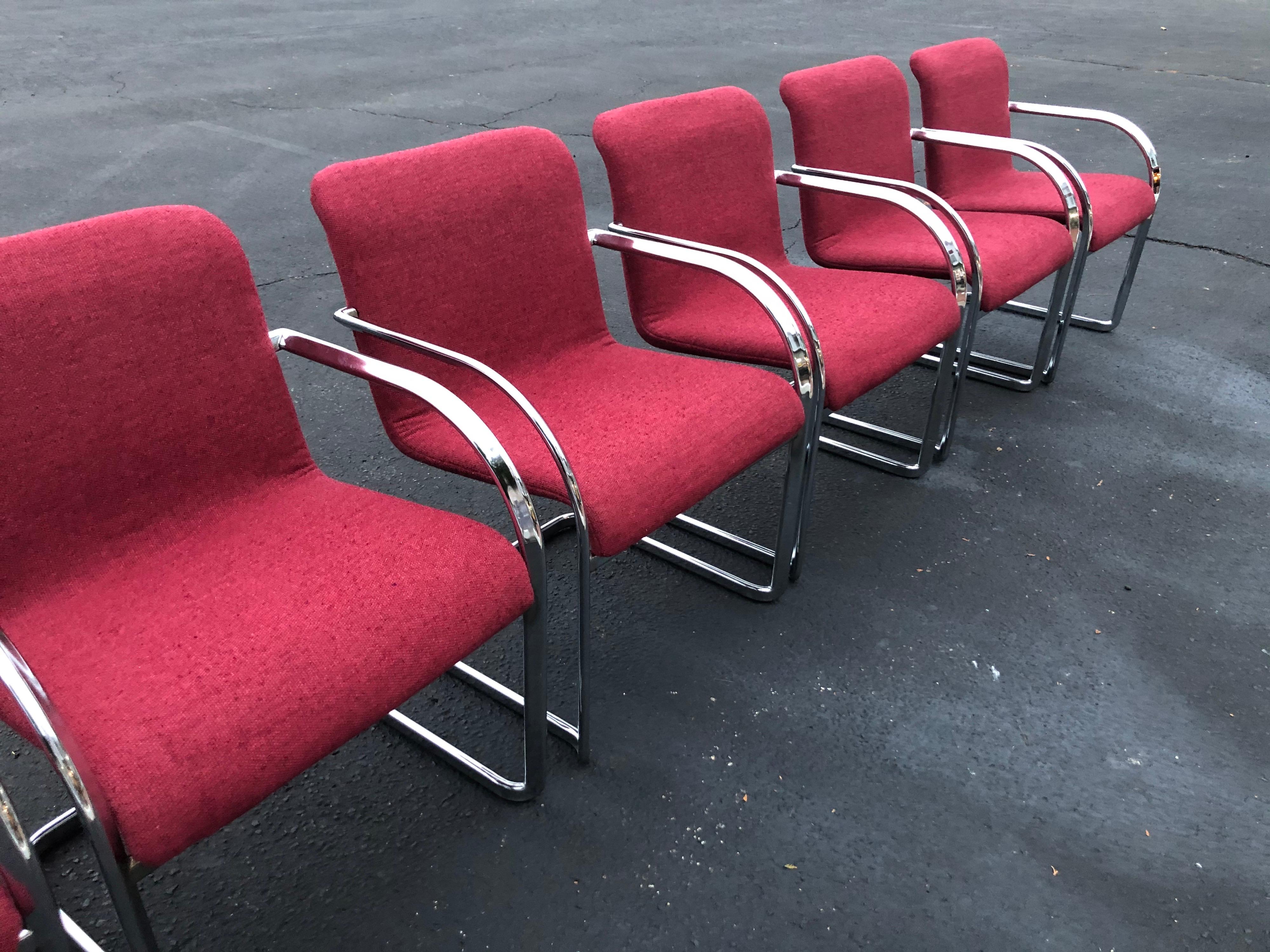 Mid-Century Modern Set of Six Raspberry and Chrome Dining or Office Chairs