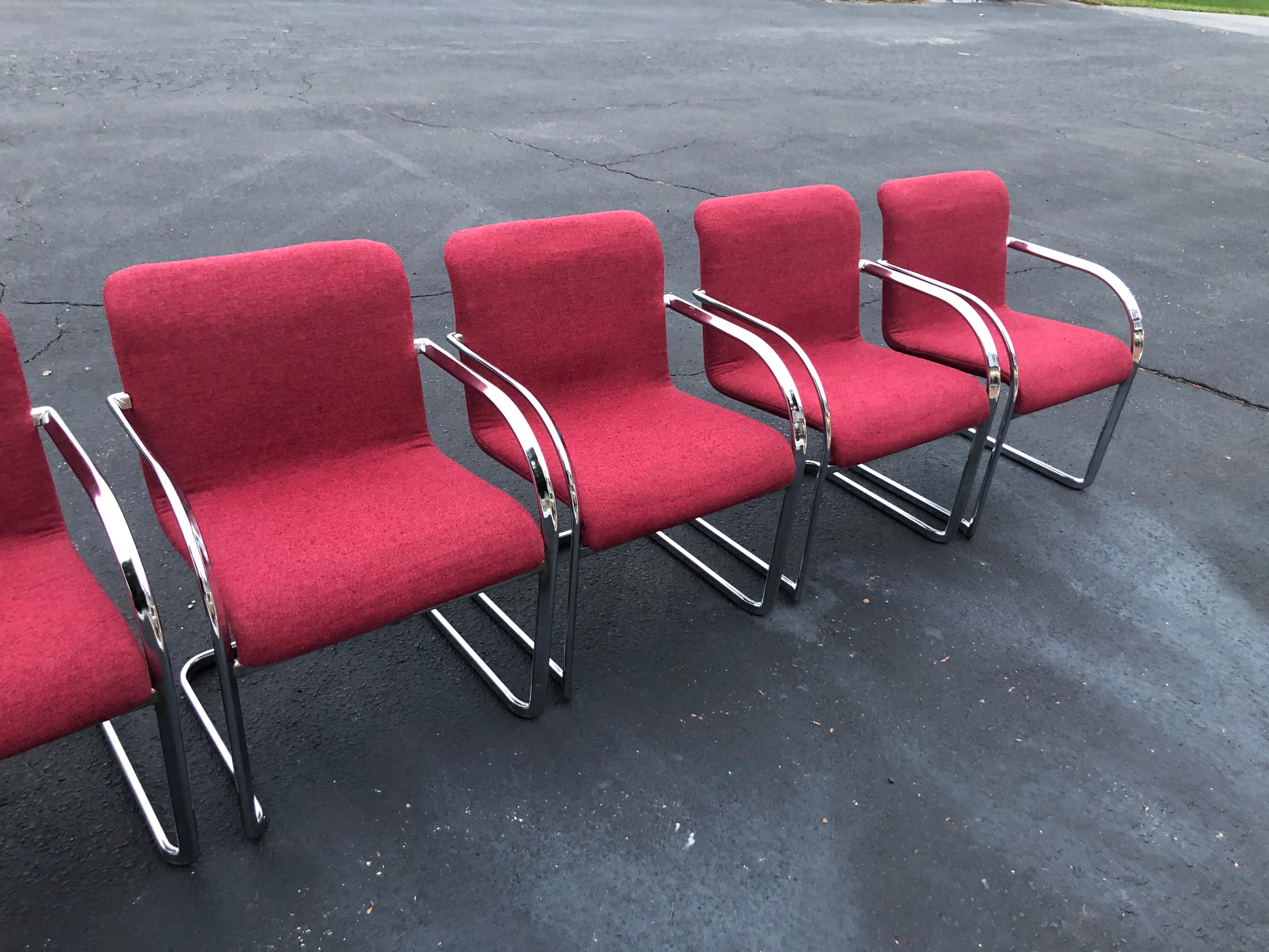 Late 20th Century Set of Six Raspberry and Chrome Dining or Office Chairs