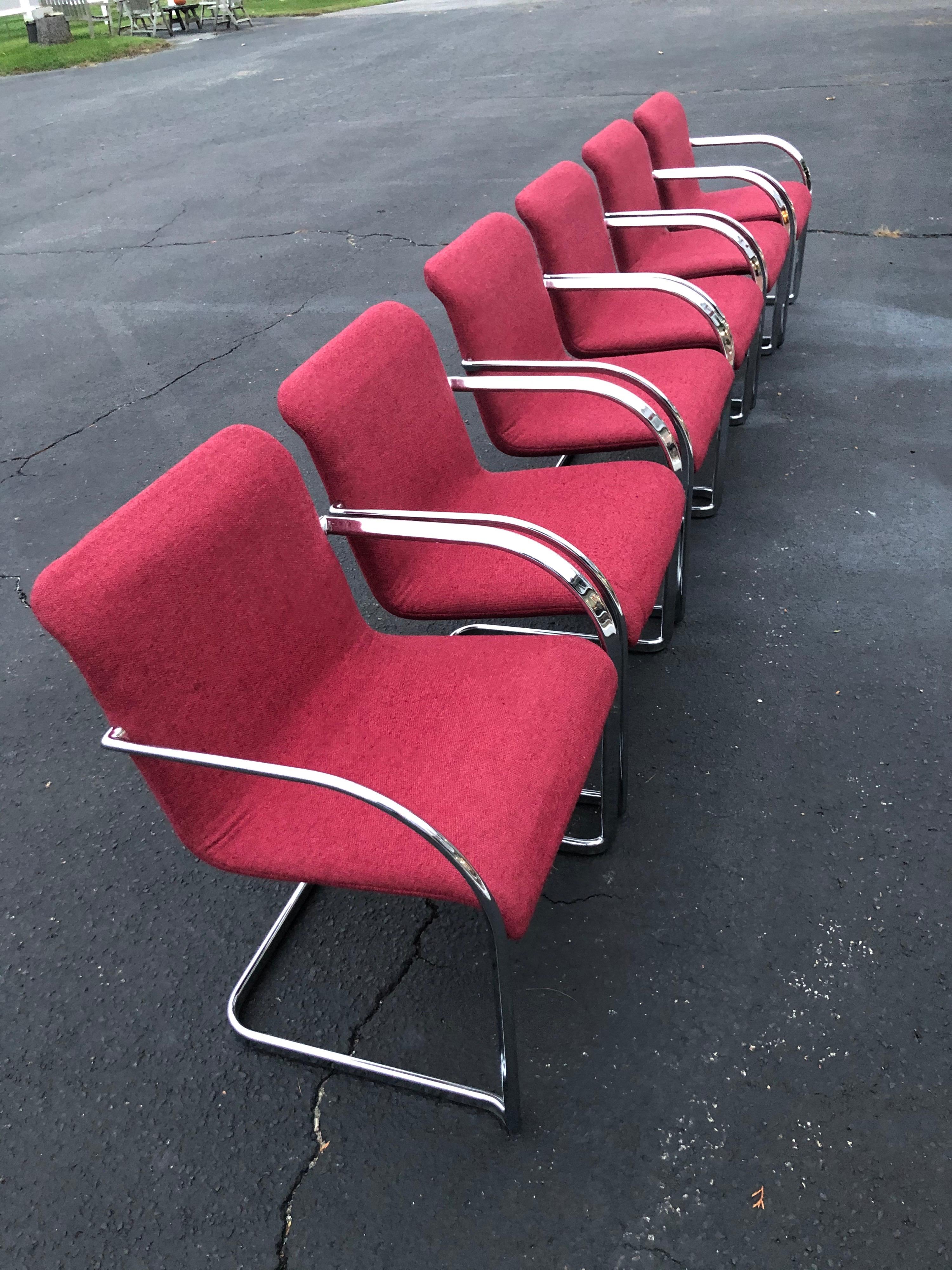 Upholstery Set of Six Raspberry and Chrome Dining or Office Chairs