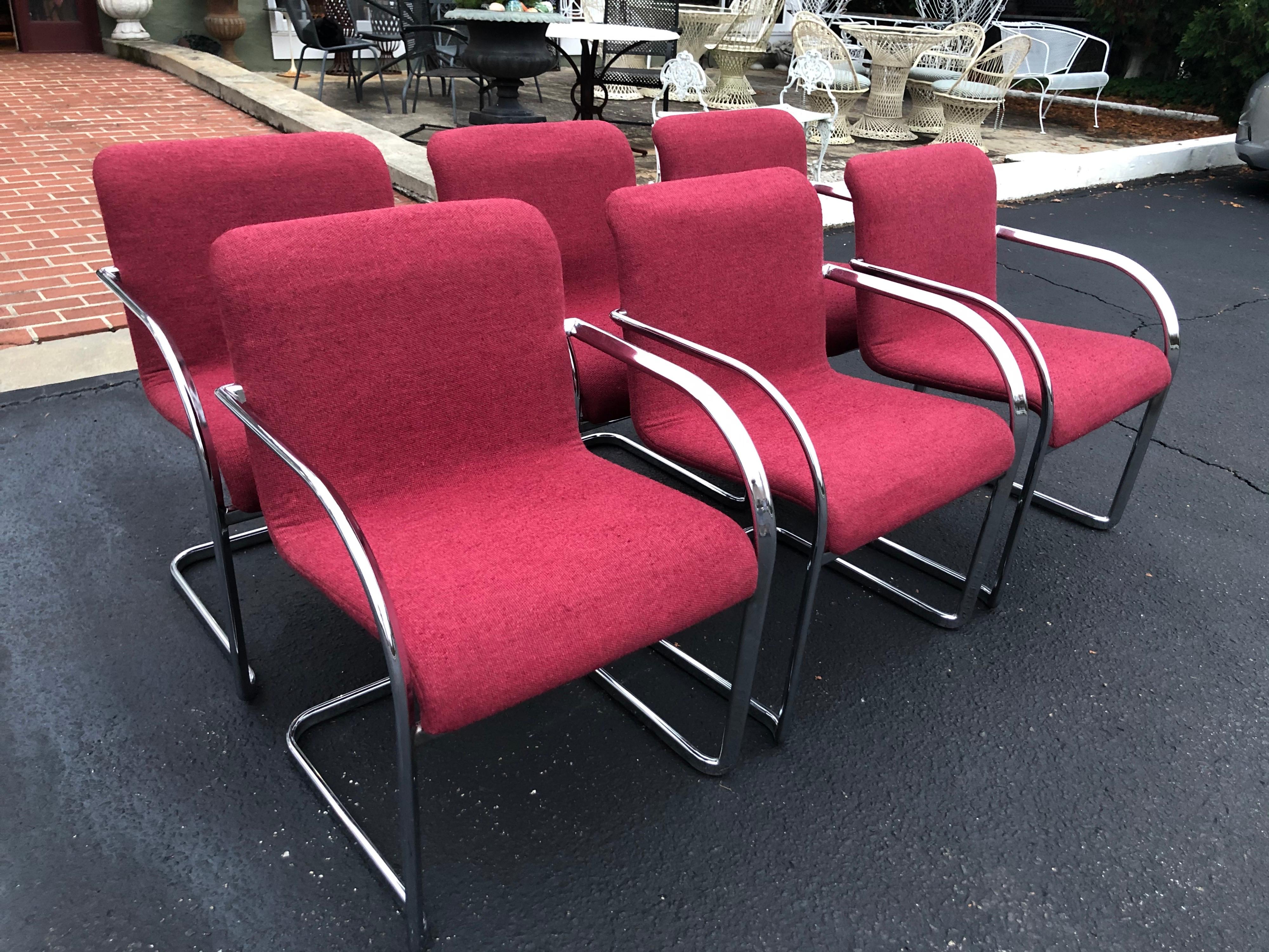 Set of Six Raspberry and Chrome Dining or Office Chairs 3