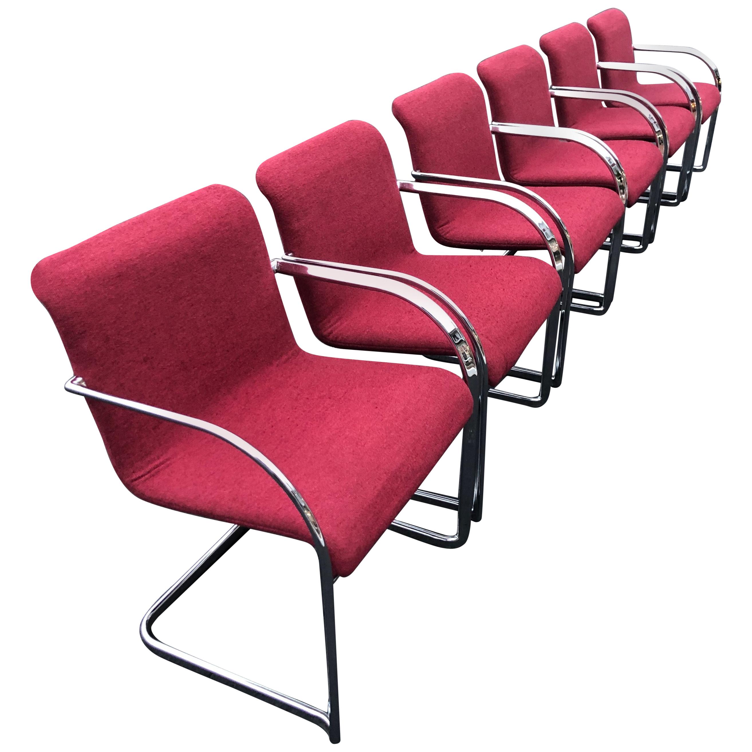 Set of Six Raspberry and Chrome Dining or Office Chairs