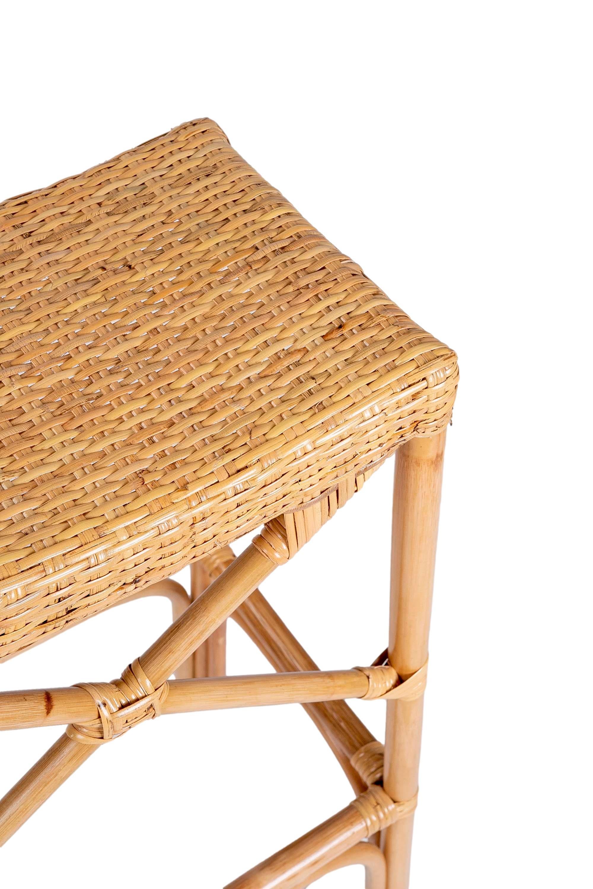 Set of Six Rattan and Wicker Bar Stools with Interlaced Seats For Sale 6