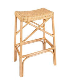 Set of Six Rattan and Wicker Bar Stools with Interlaced Seats
