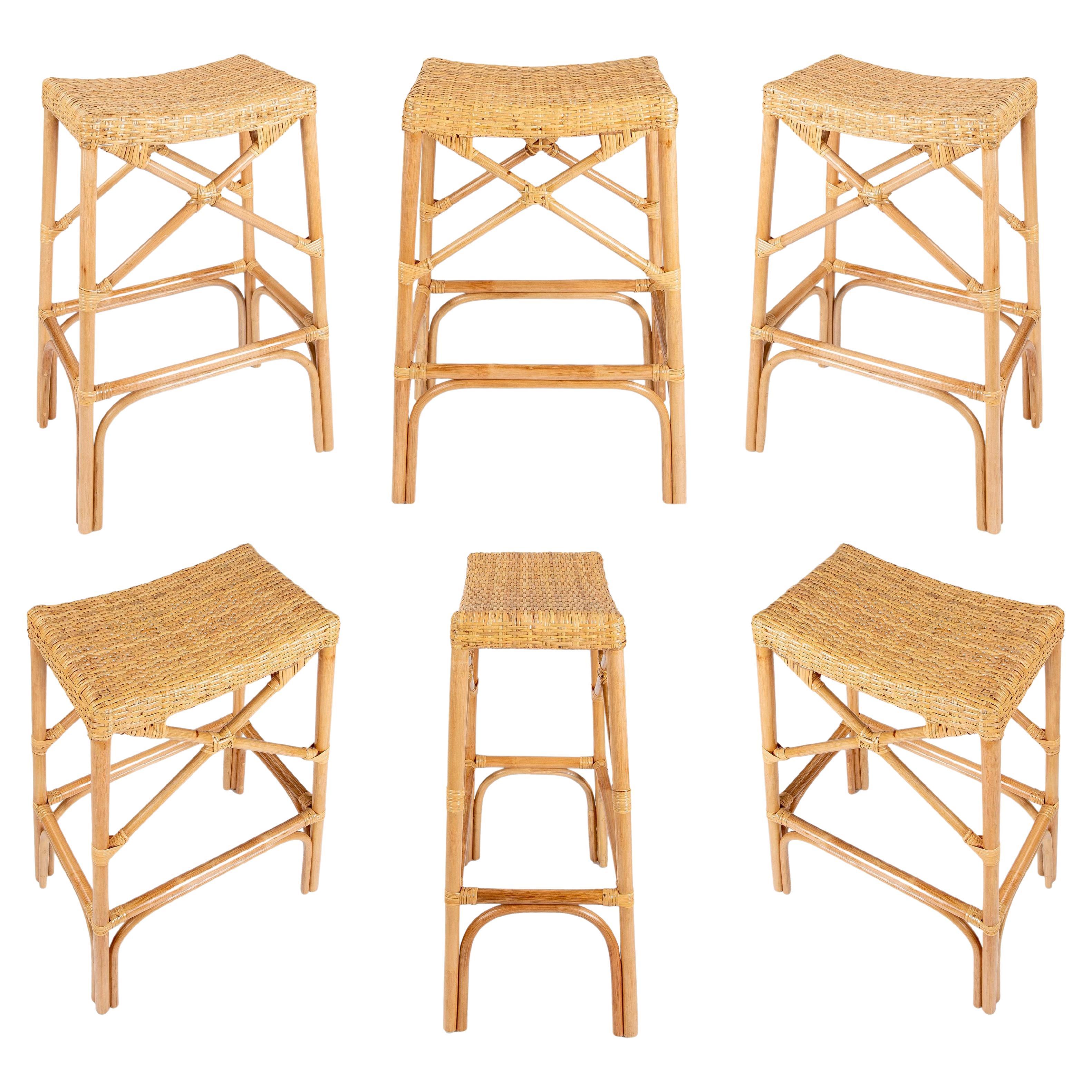 Set of Six Rattan and Wicker Bar Stools with Interlaced Seats For Sale