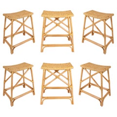 Set of Six Rattan and Wicker Bar Stools with Interlaced Seats